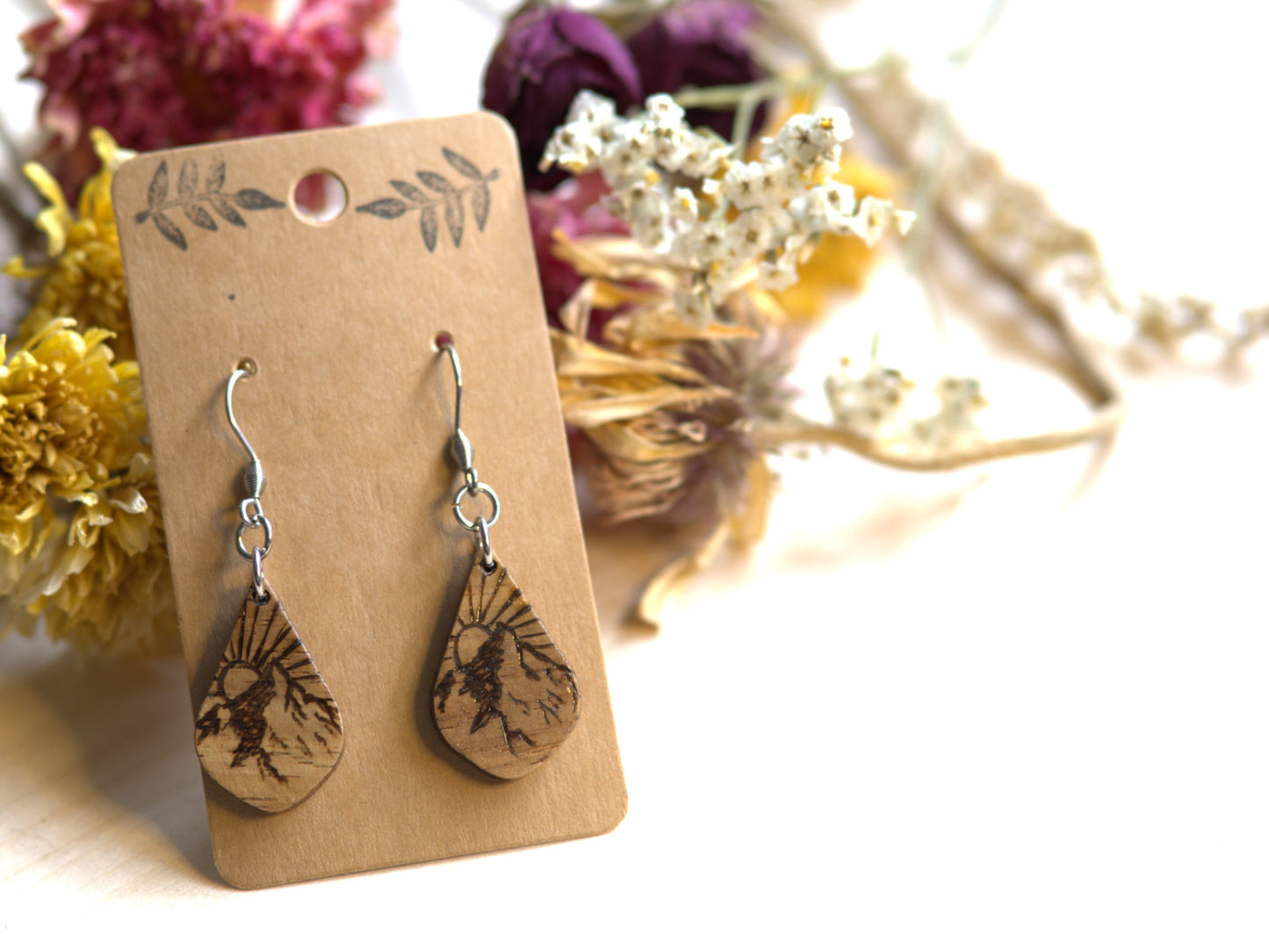Handcrafted Woodburned Mountain Earrings-Teardrop nature design