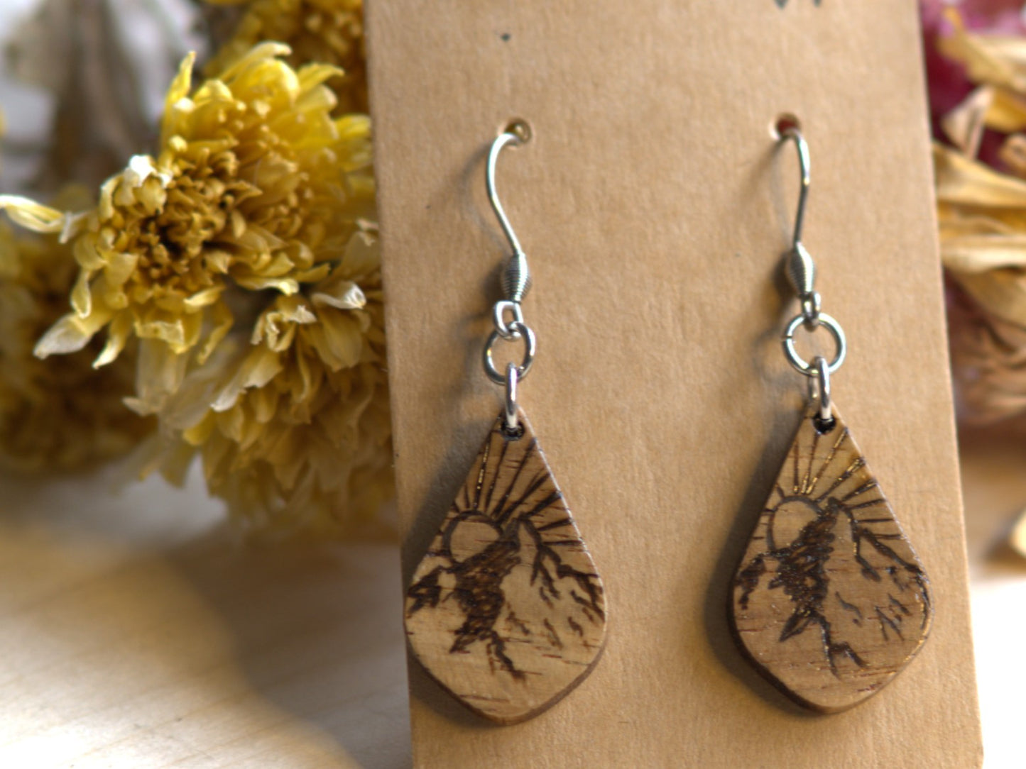 Handcrafted Woodburned Mountain Earrings-Teardrop nature design