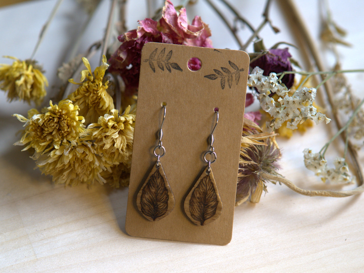 Handcrafted Woodburned Leaf Earrings-Teardrop Nature Design