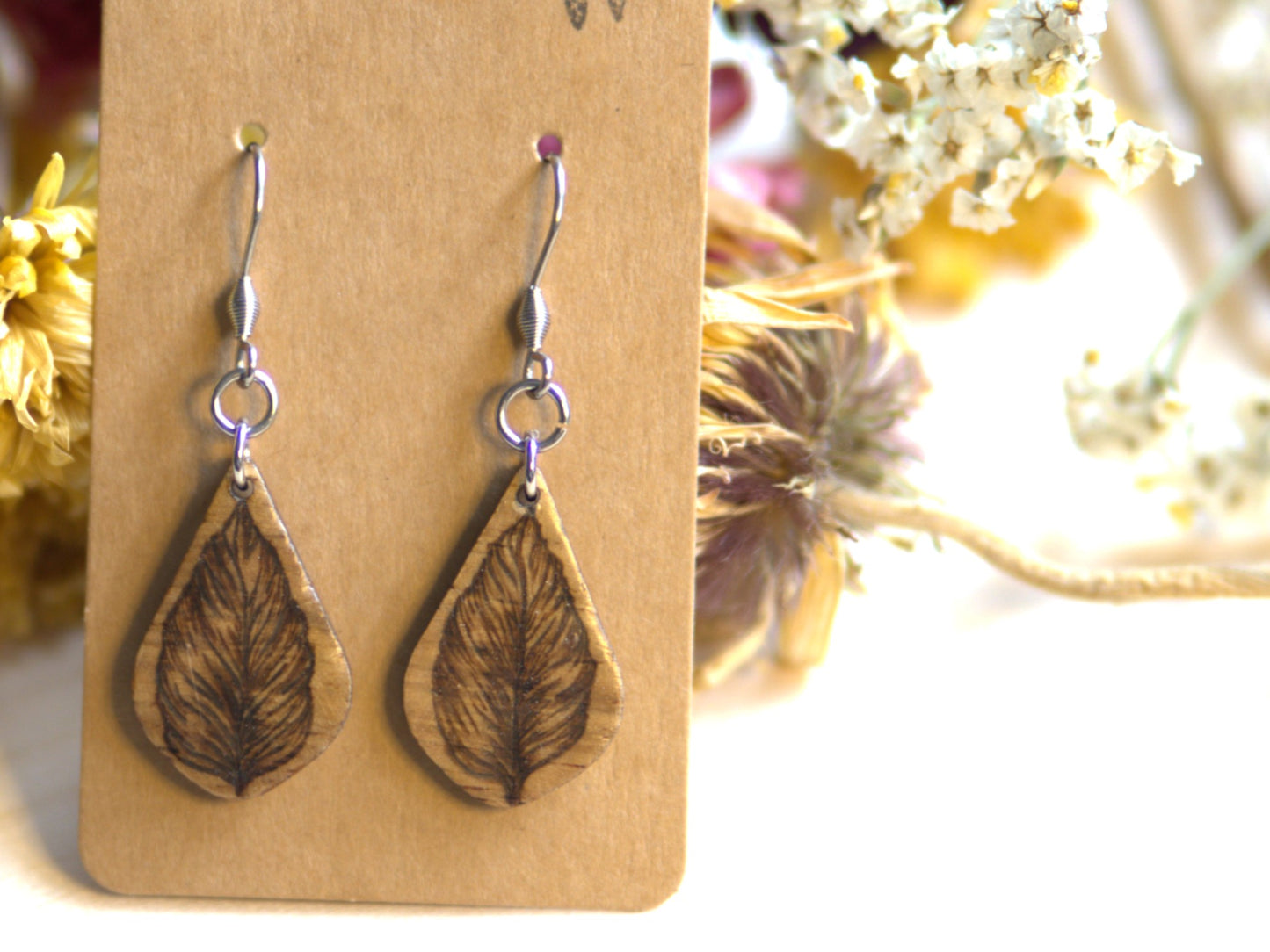 Handcrafted Woodburned Leaf Earrings-Teardrop Nature Design