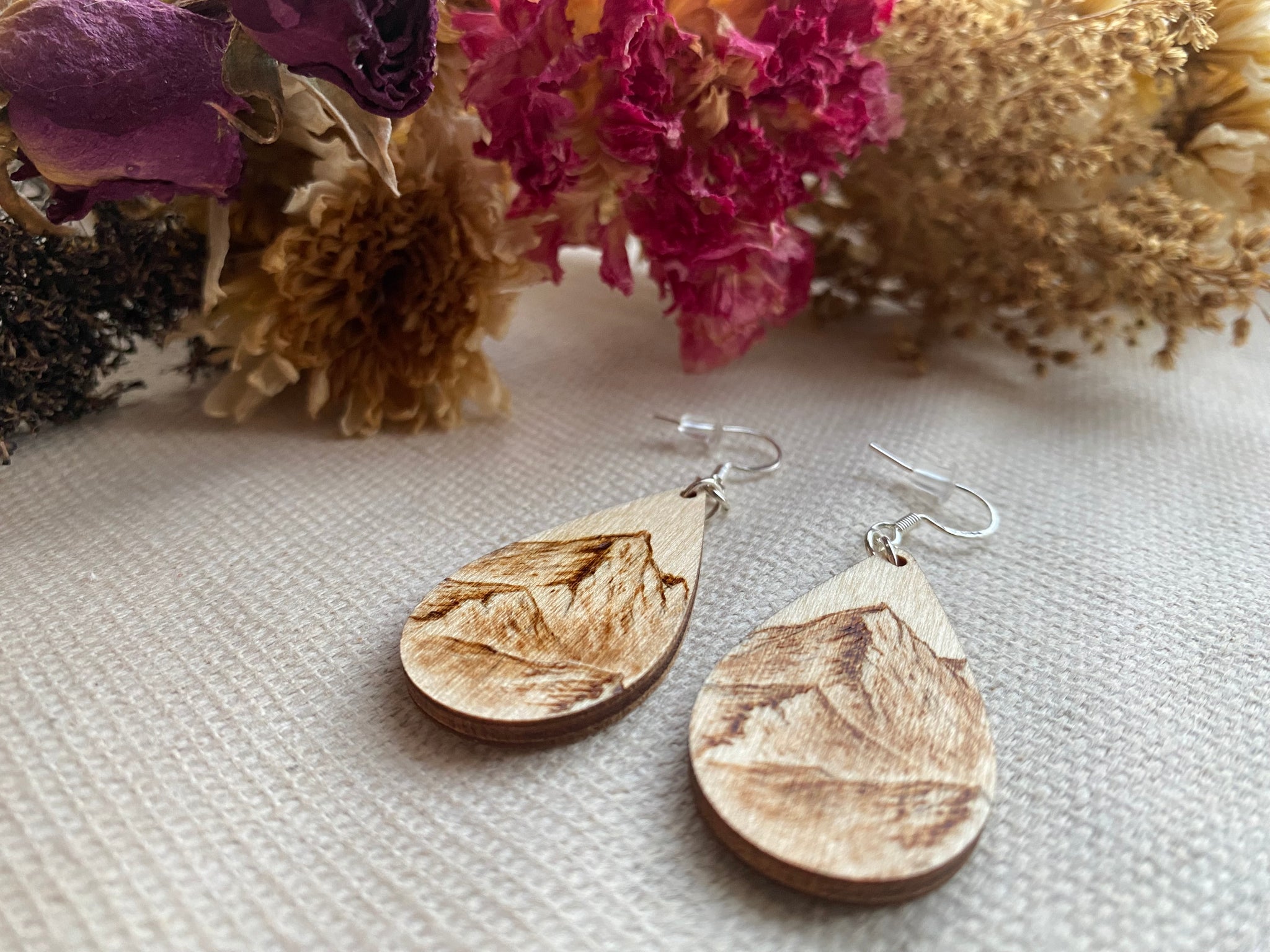 Handcrafted Woodburned Mountain Earrings – Small Teardrop Circle Design