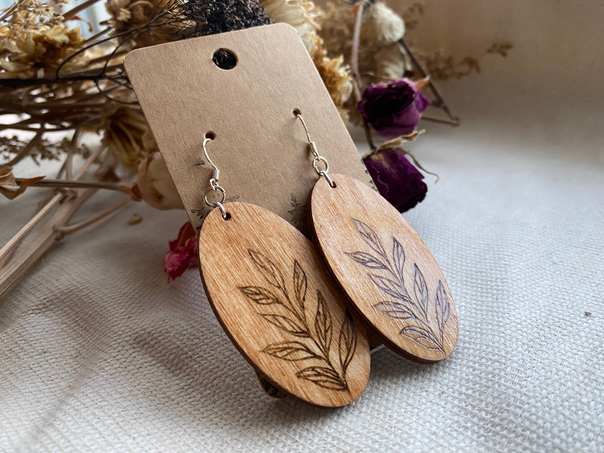 Handcrafted Woodburned Simple Vine Earrings – Oval Botanical Design