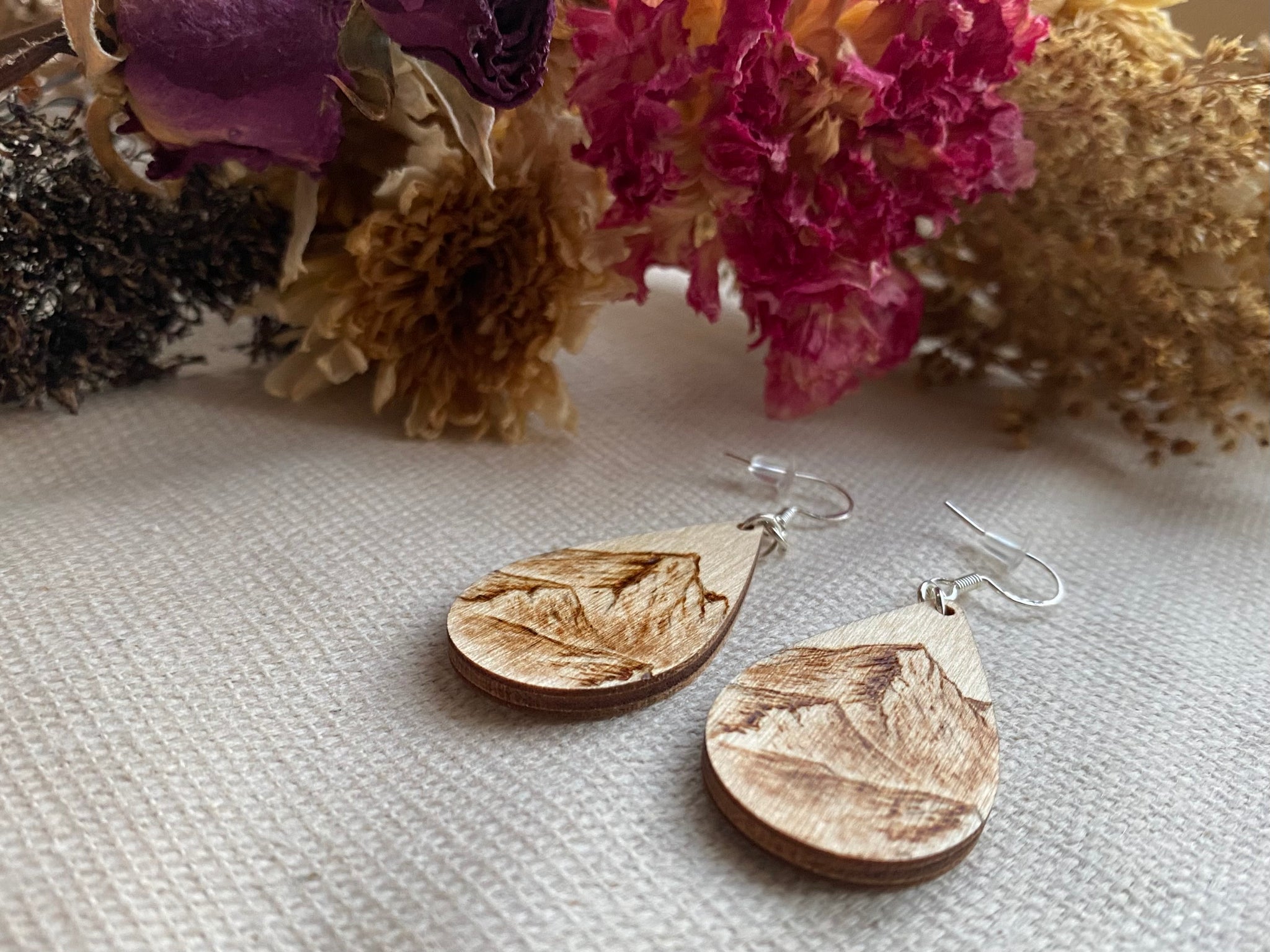 Handcrafted Woodburned Mountain Earrings – Small Teardrop Circle Design
