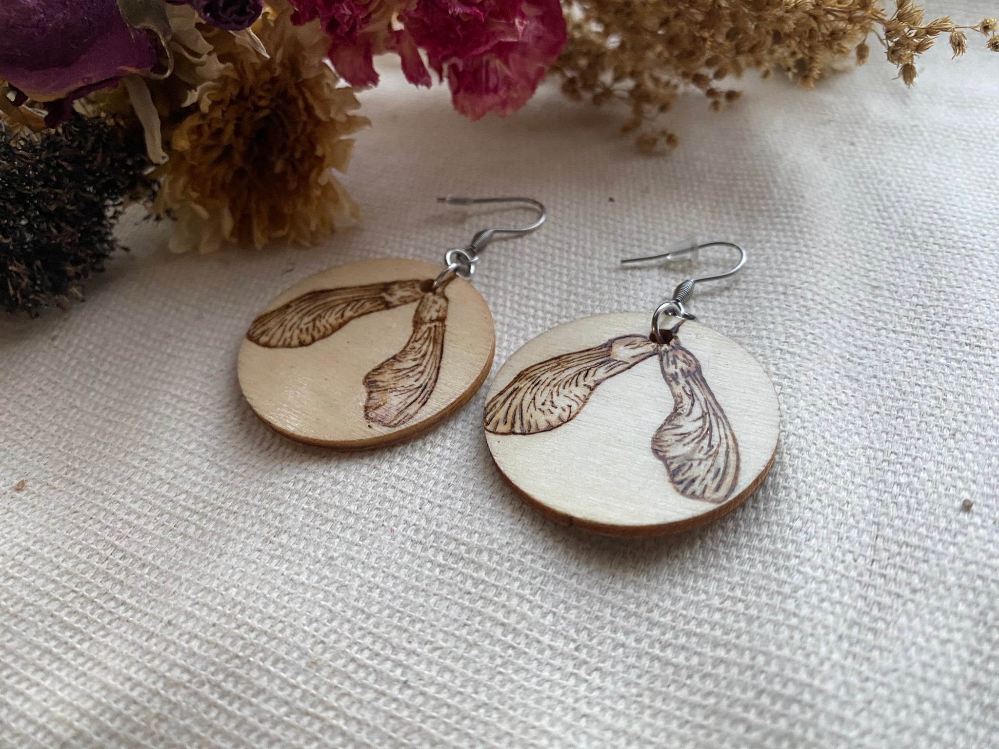 Handcrafted Woodburned Maple Seed Earrings – Large Circle Nature Design