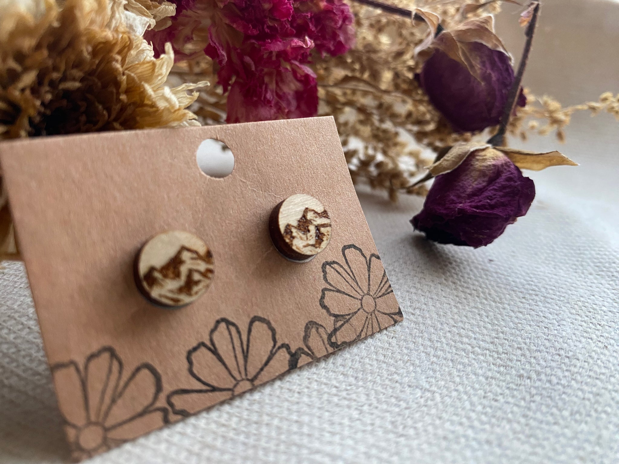 Handcrafted Woodburned Mountain Earrings – Stud Small Circle Nature Design