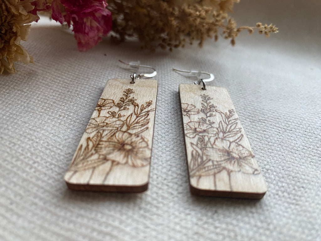 Handcrafted Woodburned Floral Earrings – Rectangle Nature Design