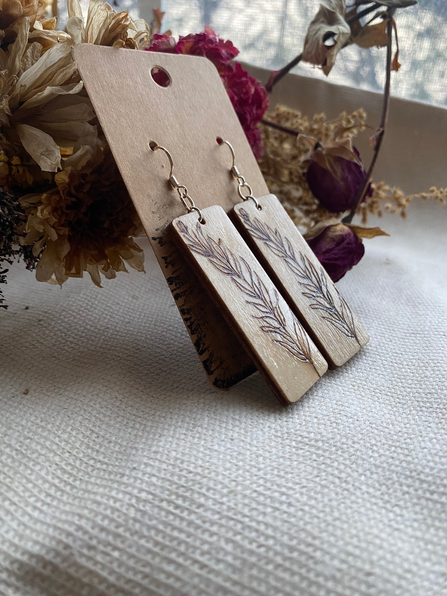 Handcrafted Woodburned Botanical Earrings – Long Rectangle Nature Design