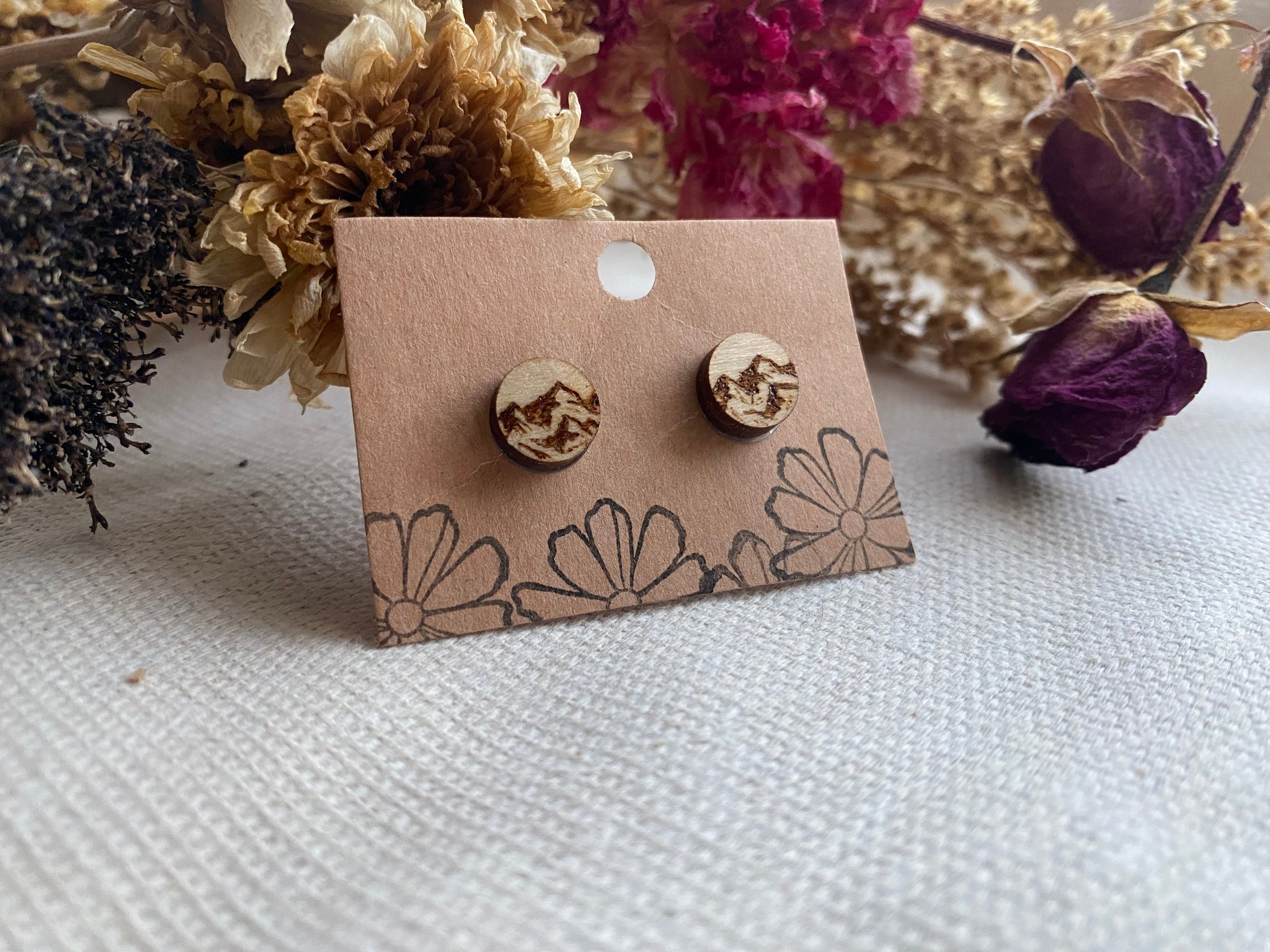 Handcrafted Woodburned Mountain Earrings – Stud Small Circle Nature Design