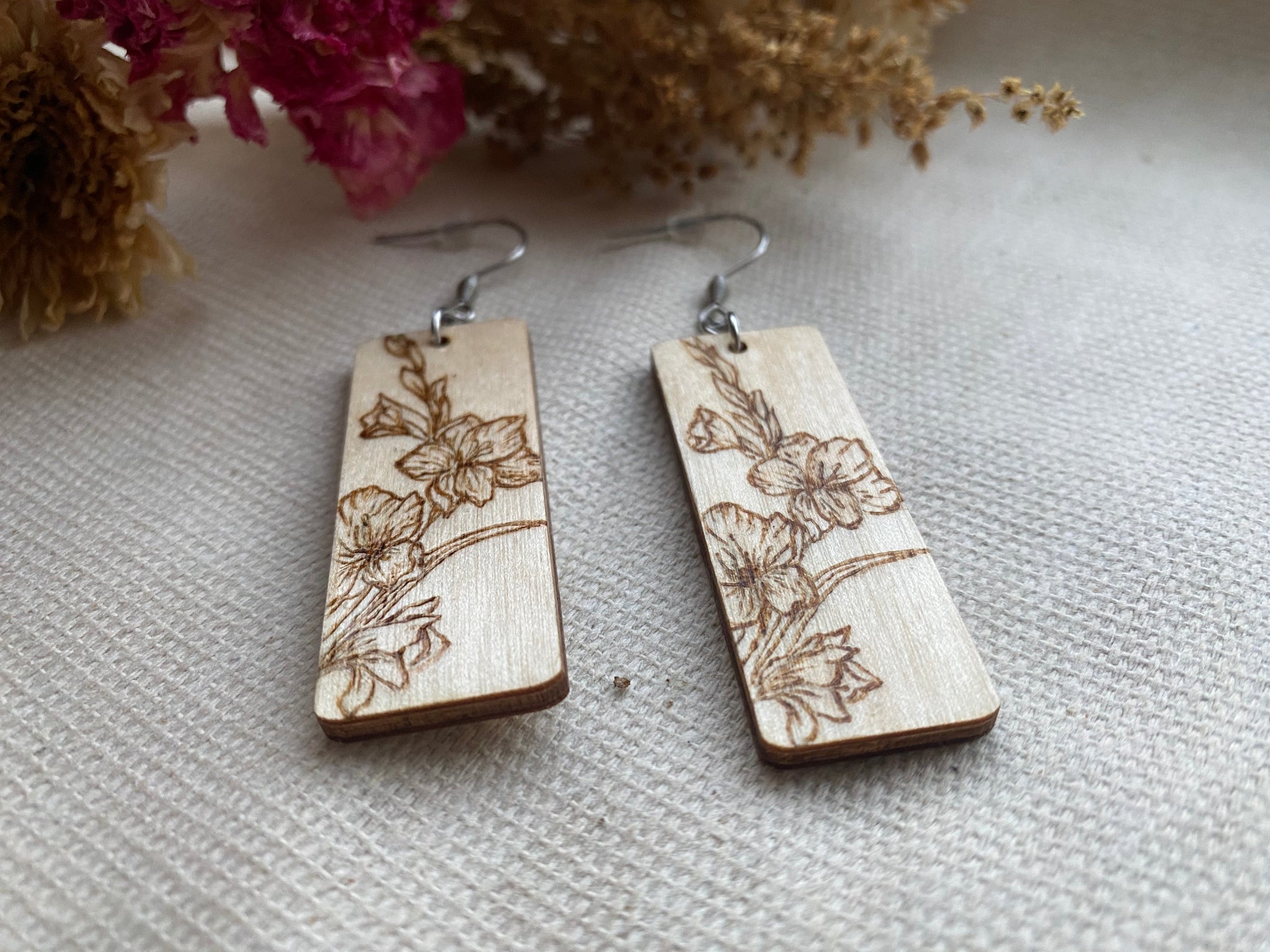 Handcrafted Woodburned Floral Bouquet Earrings – Rectangle Nature Design