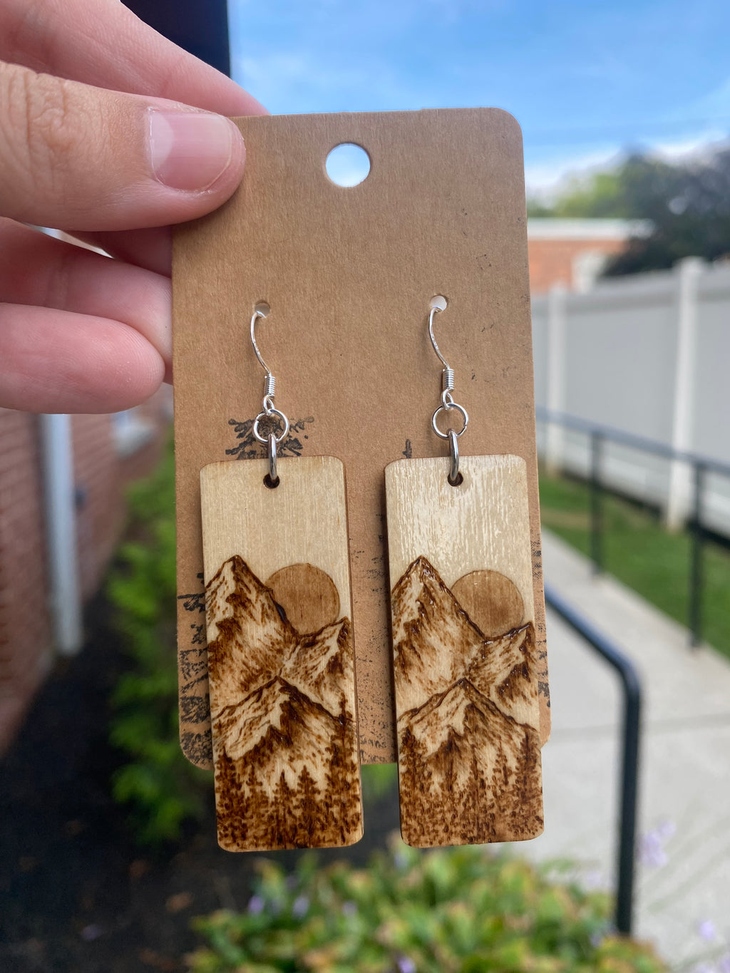 Mountain Scene Rectangular Woodburned Dangle Earrings - Handmade Wood
