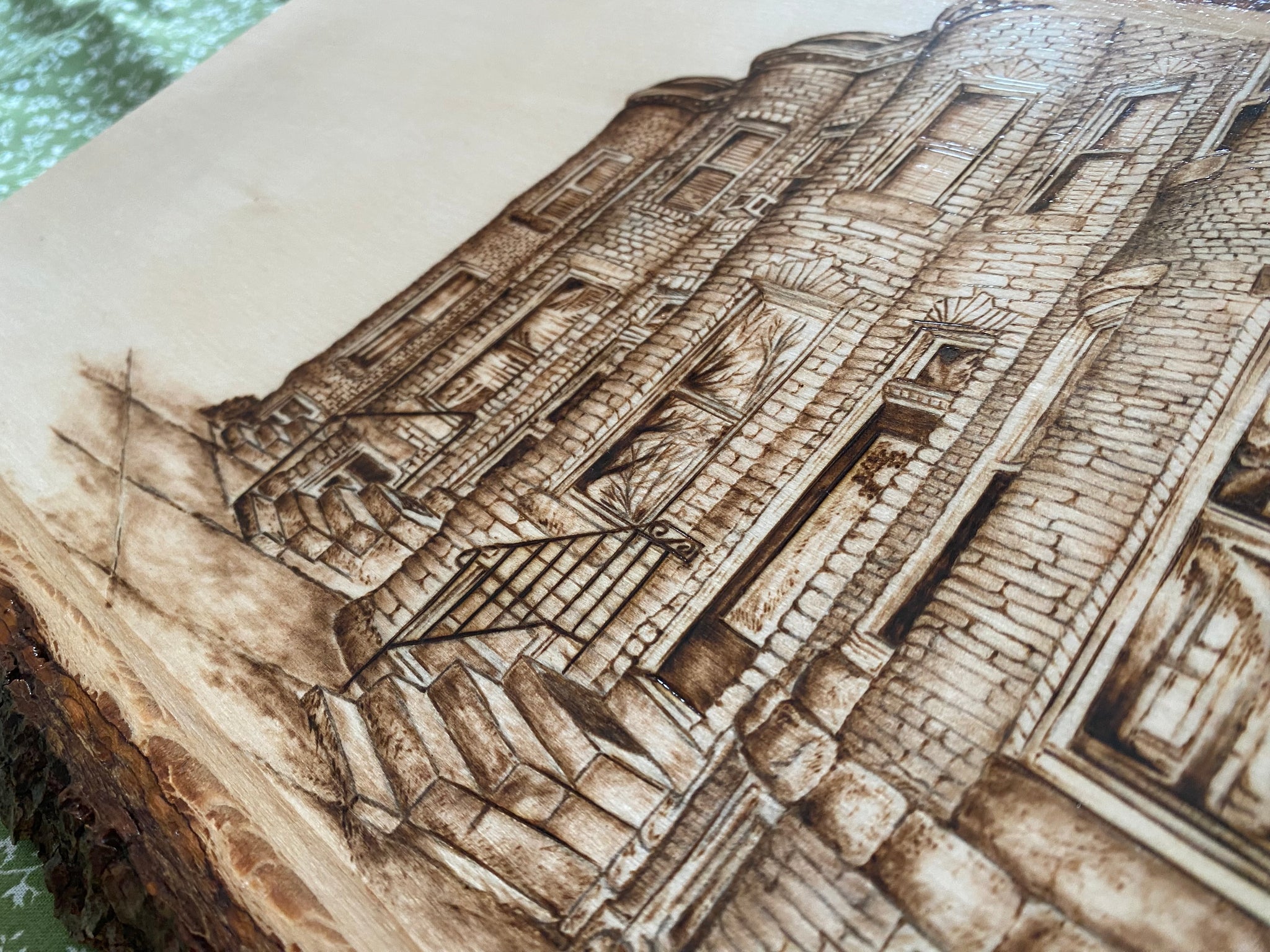 Rowhome Scene-Handmade Woodburned Wall Art - Rustic Live Edge Wood Slice with Baltimore Rowhome Scene