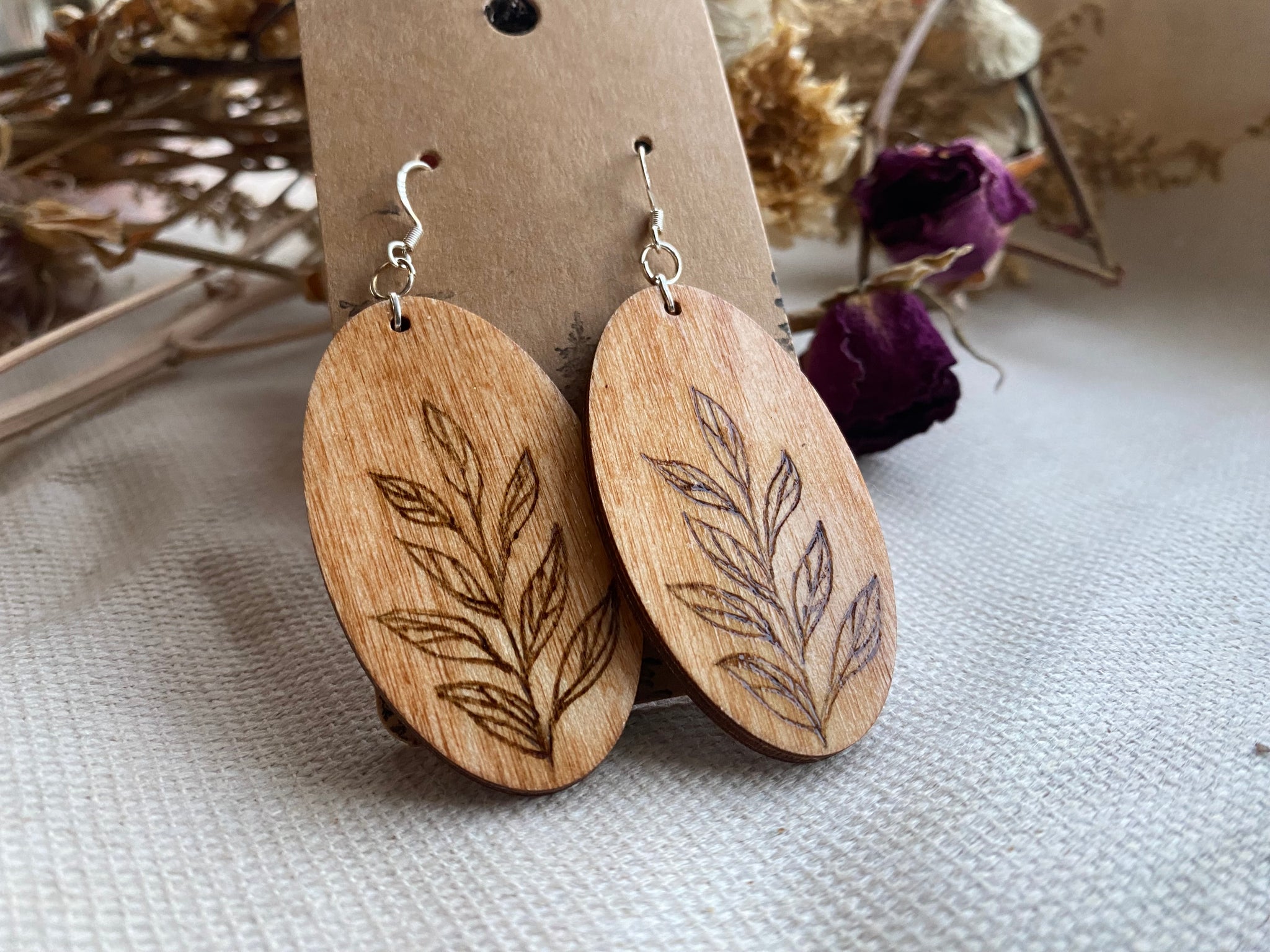Handcrafted Woodburned Simple Vine Earrings – Oval Botanical Design