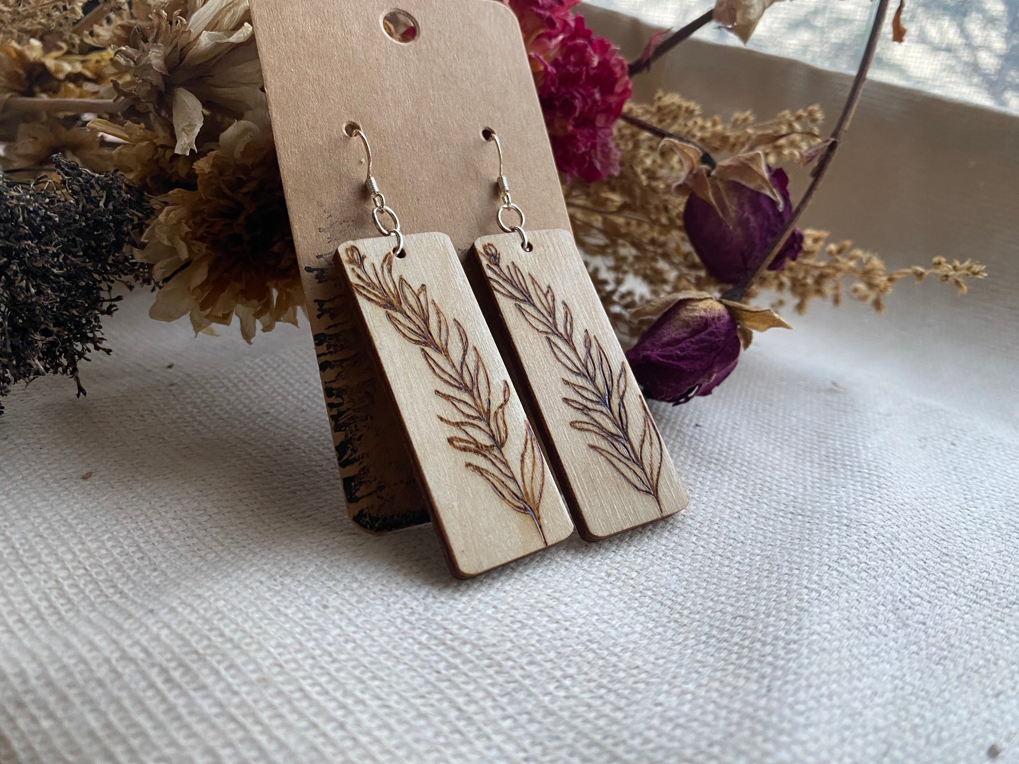 Handcrafted Woodburned Botanical Earrings – Long Rectangle Nature Design