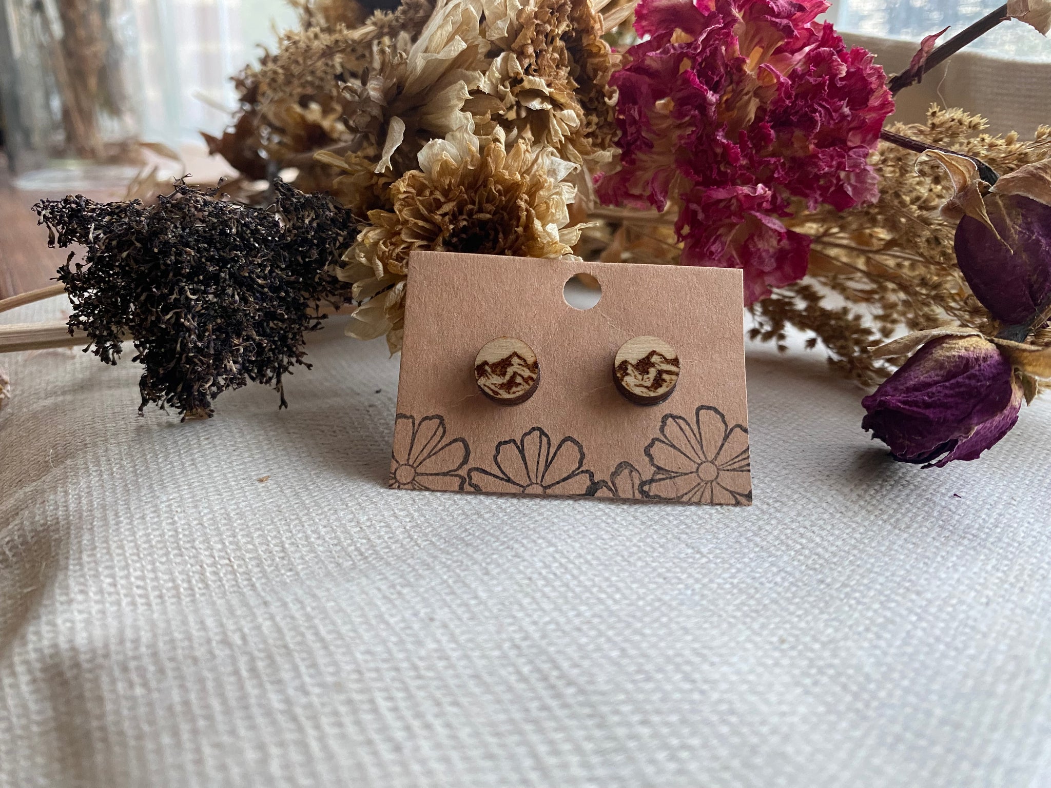 Handcrafted Woodburned Mountain Earrings – Stud Small Circle Nature Design