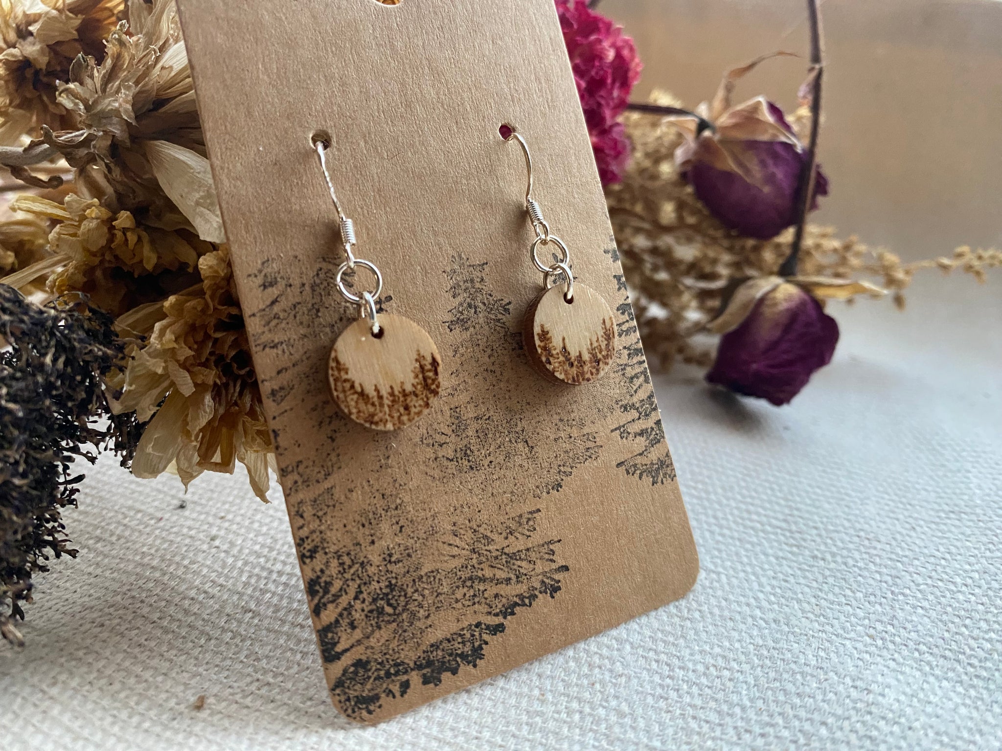 Handcrafted Woodburned Pine Tree Forrest Earrings – Small Circle Nature Design