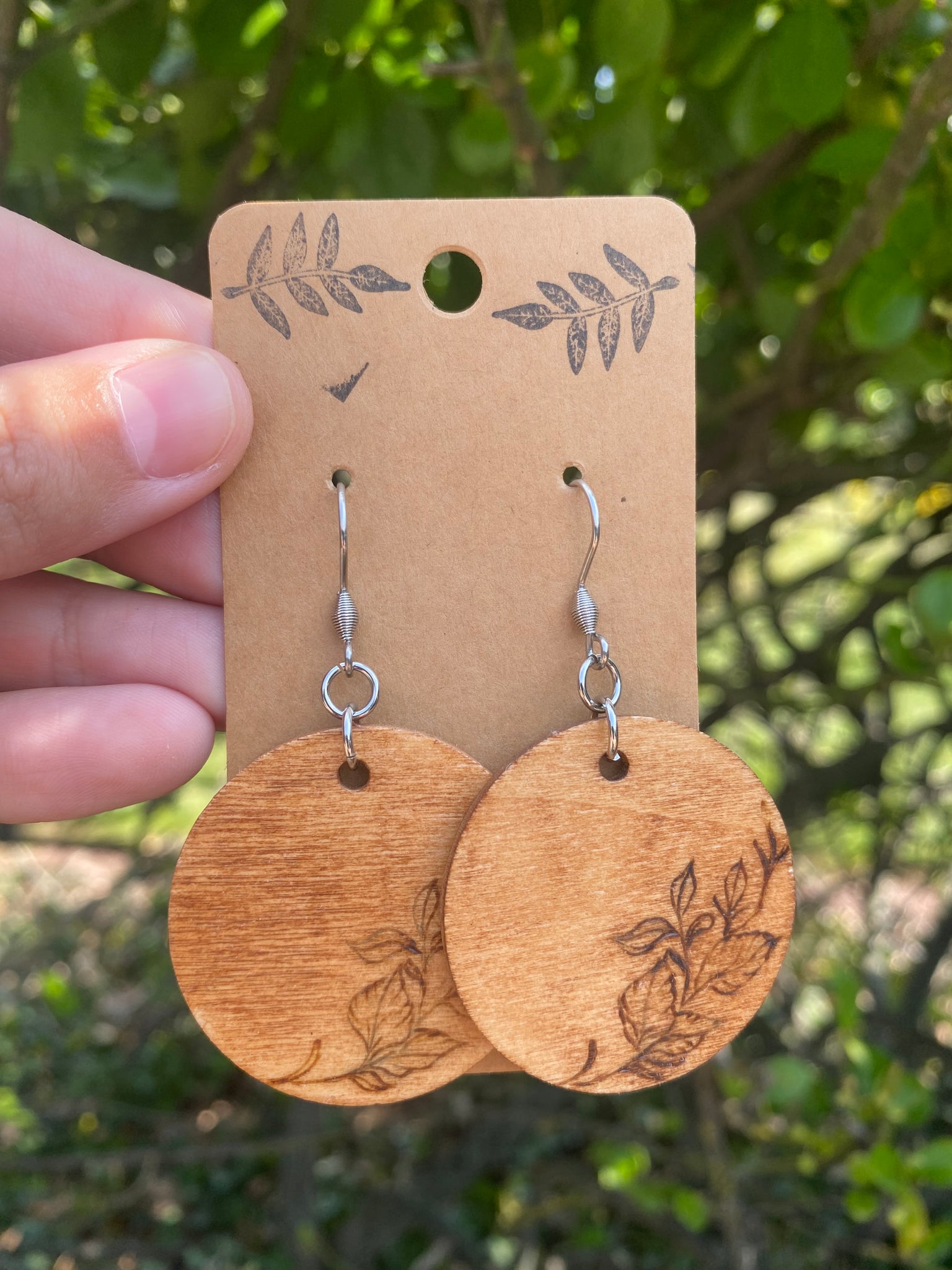 Handcrafted Woodburned Botanical Earrings – Round Leaf Design