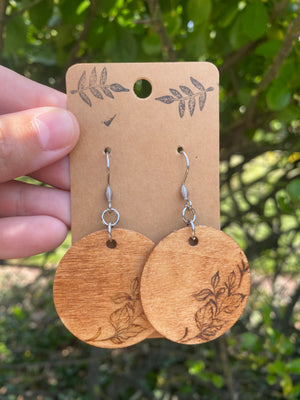 Handcrafted Woodburned Botanical Earrings – Round Leaf Design