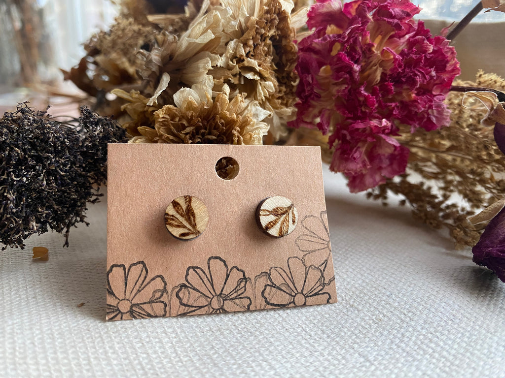 Handcrafted Woodburned Leaf Vine Earrings – Stud Small Circle Nature Design