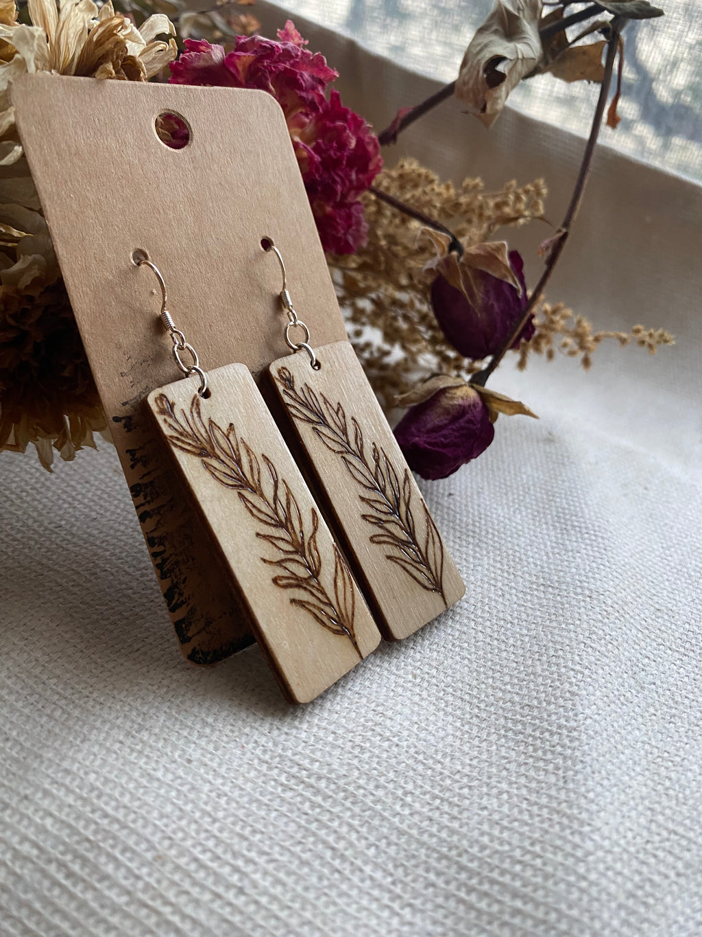 Handcrafted Woodburned Botanical Earrings – Long Rectangle Nature Design