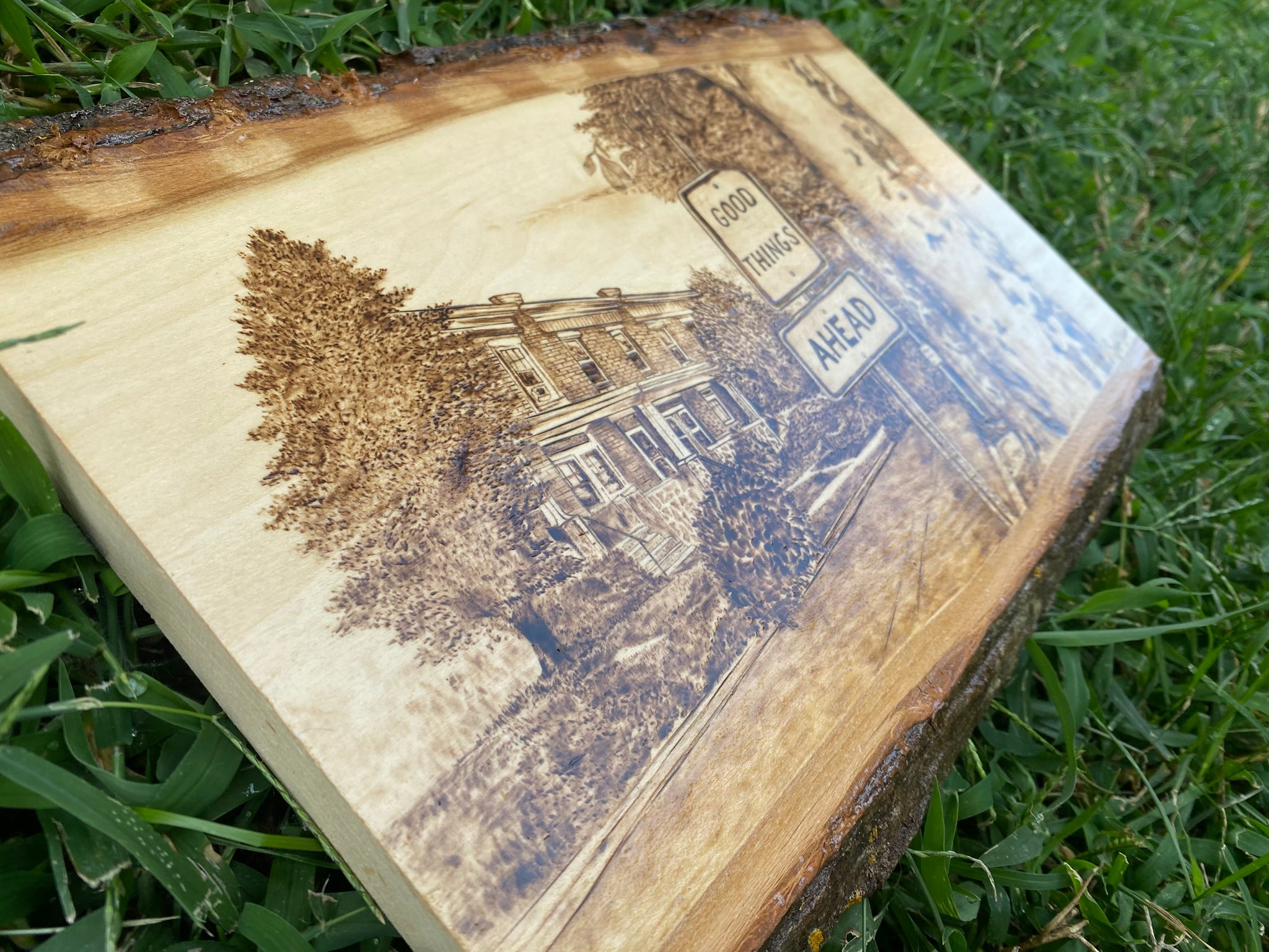 Good Things Ahead - Handmade Woodburned Wall Art - Rustic Live Edge Wood Slice with Baltimore Rowhome Scene