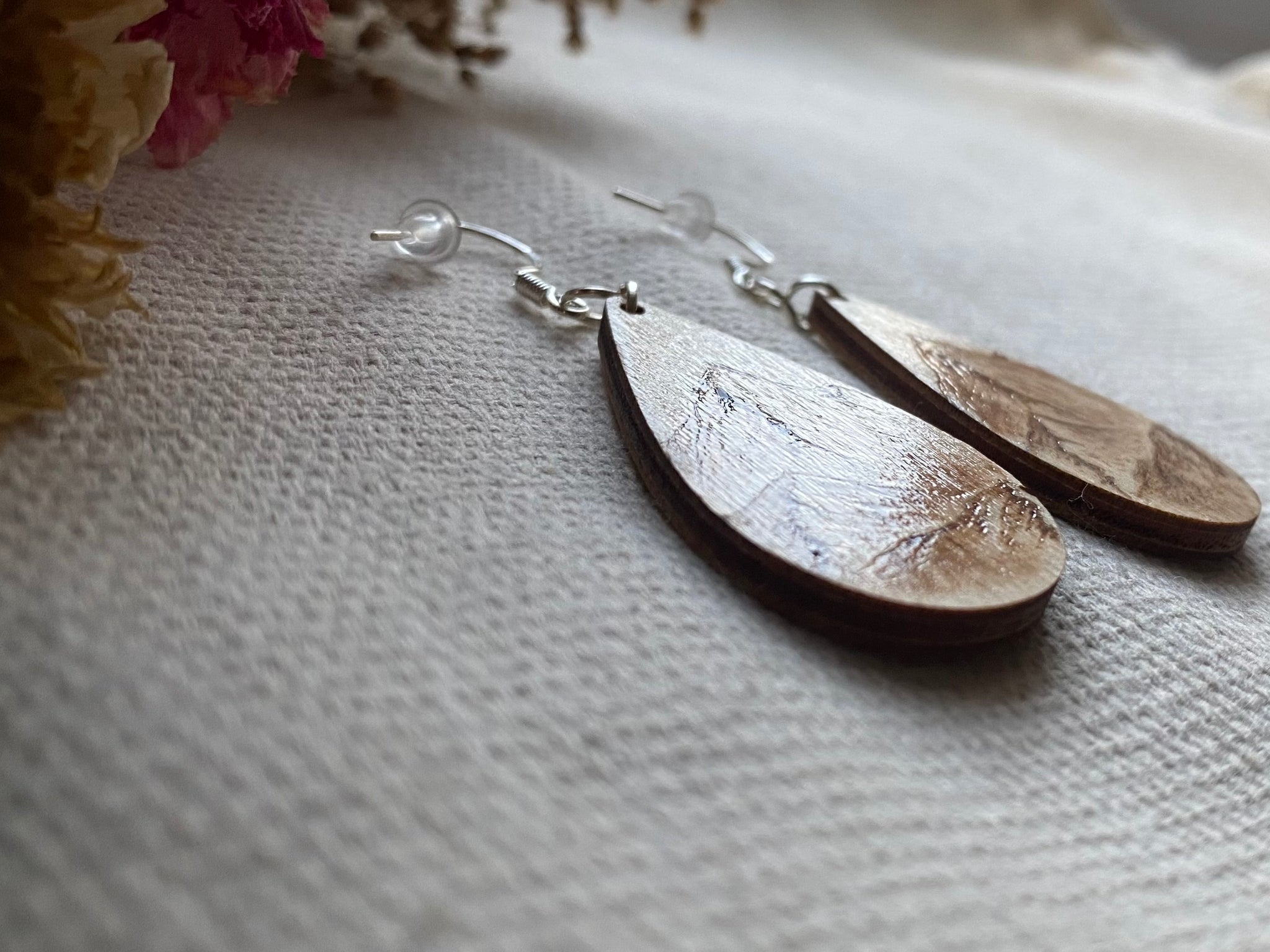 Handcrafted Woodburned Mountain Earrings – Small Teardrop Circle Design