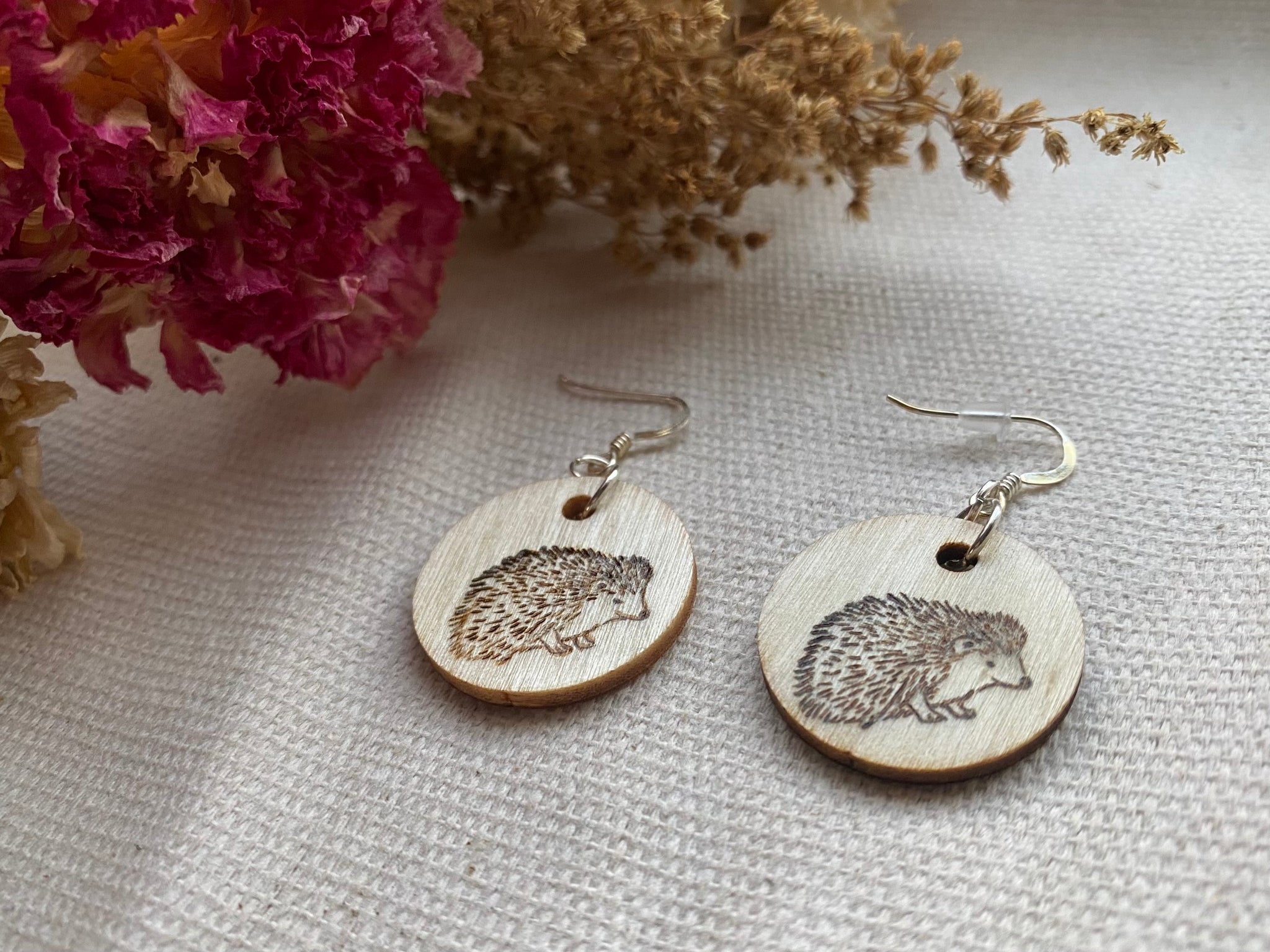 Handcrafted Woodburned Hedgehog Earrings – Small Circle Design