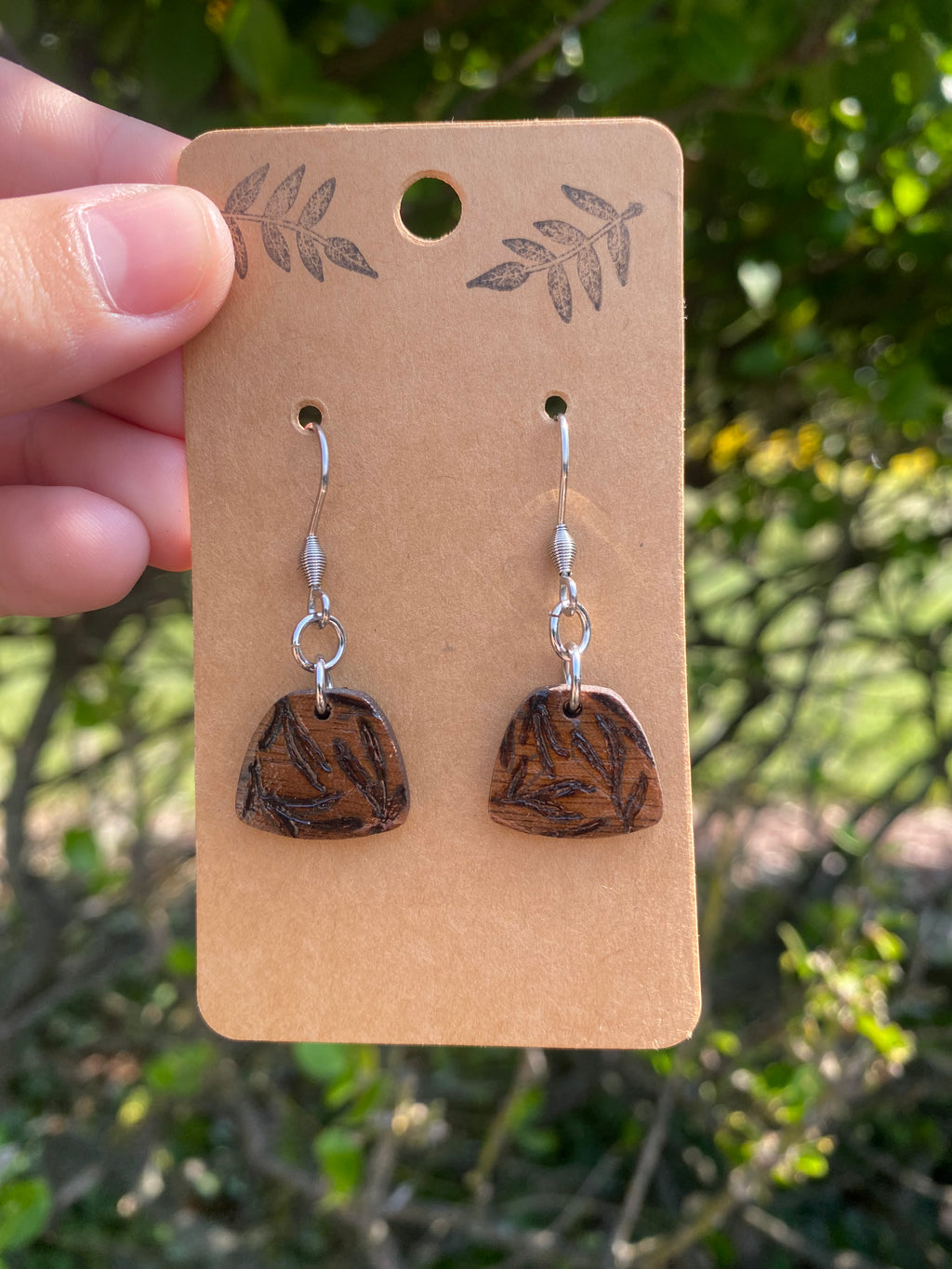 Handcrafted Woodburned Botanical Earrings – Walnut Small Leaf Design