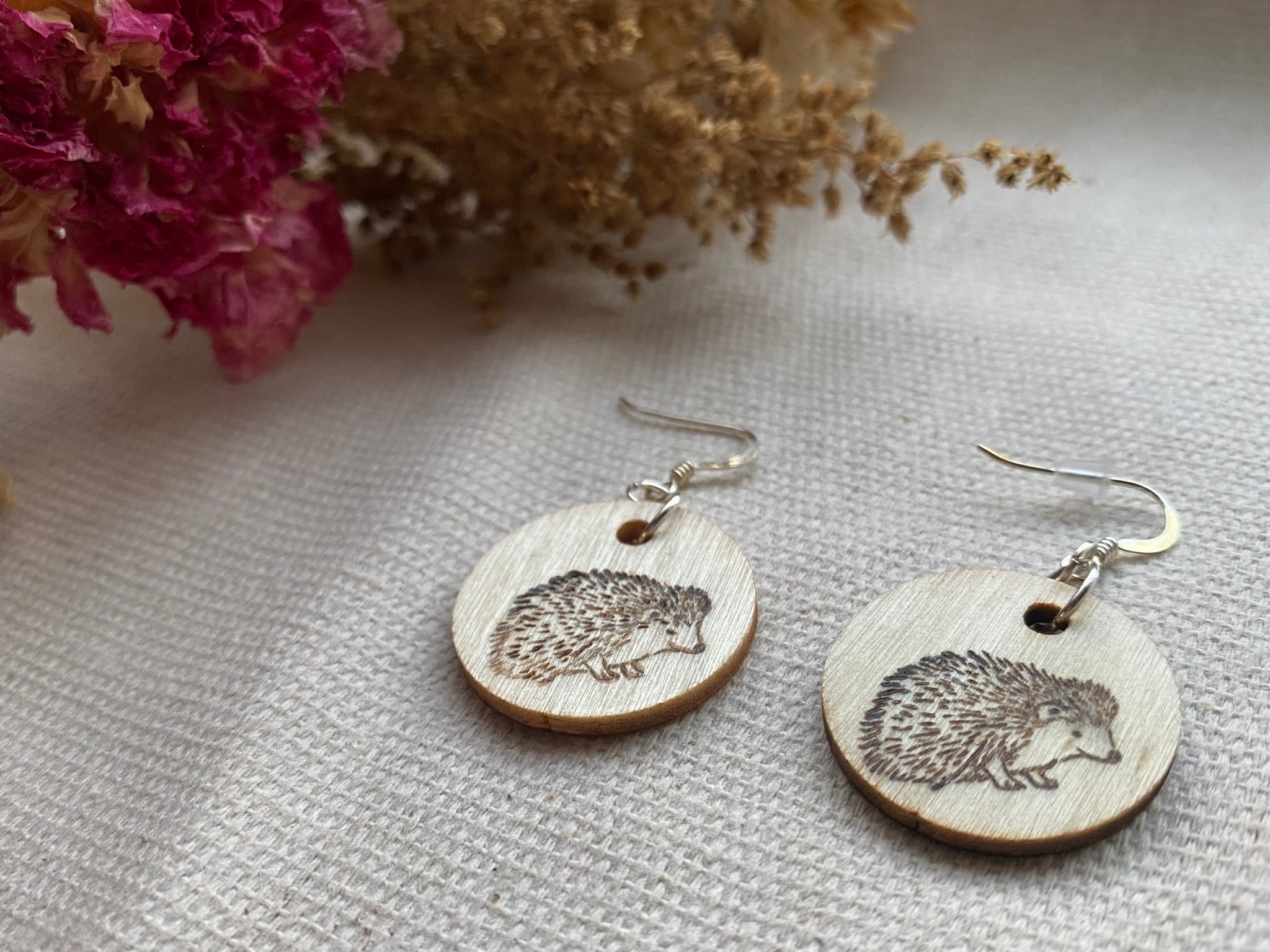 Handcrafted Woodburned Hedgehog Earrings – Small Circle Design