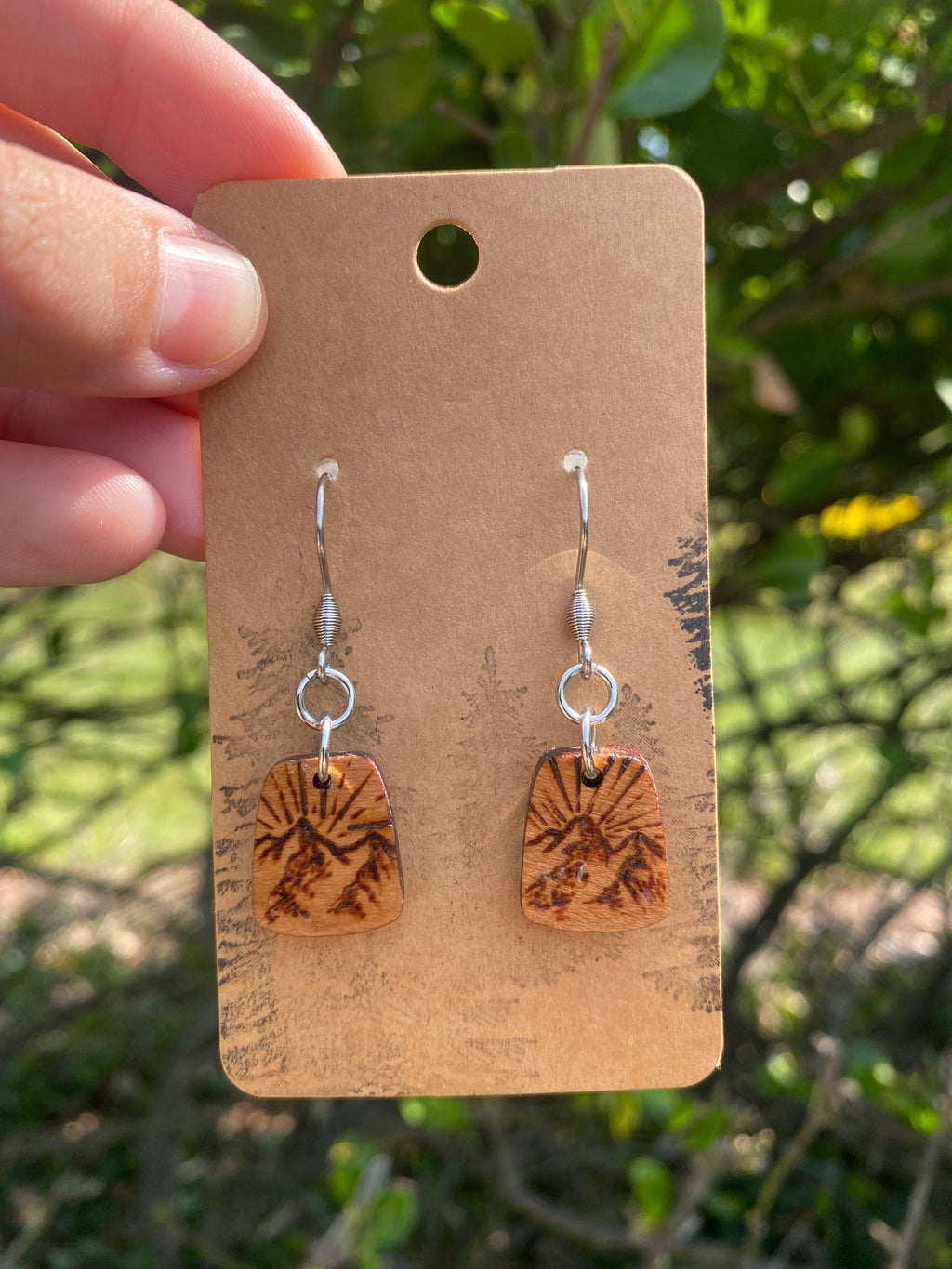Mountain Scene Woodburned Dangle Earrings - Handmade Maple Wood