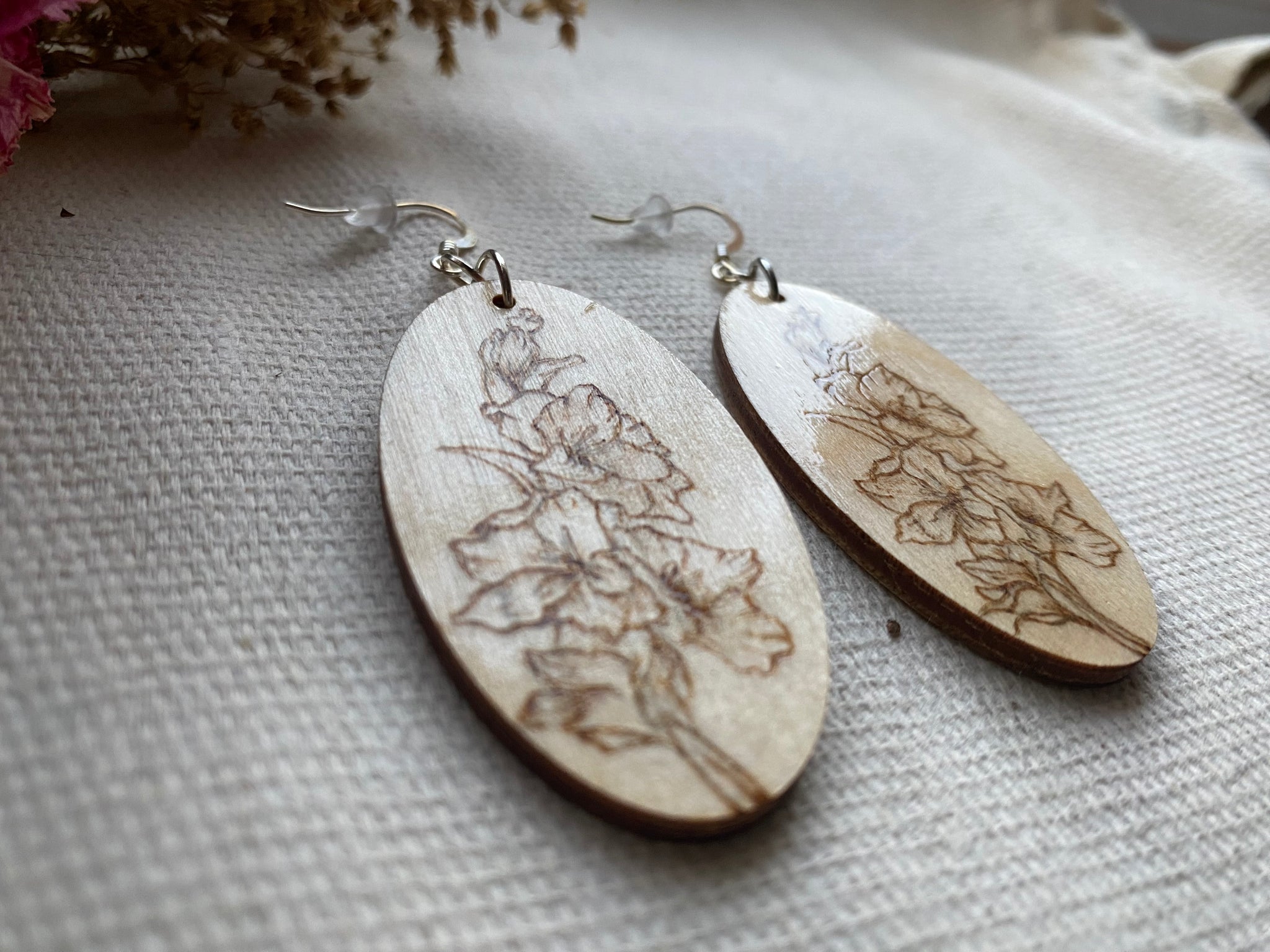 Handcrafted Woodburned Floral Earrings – Oval Circle Design