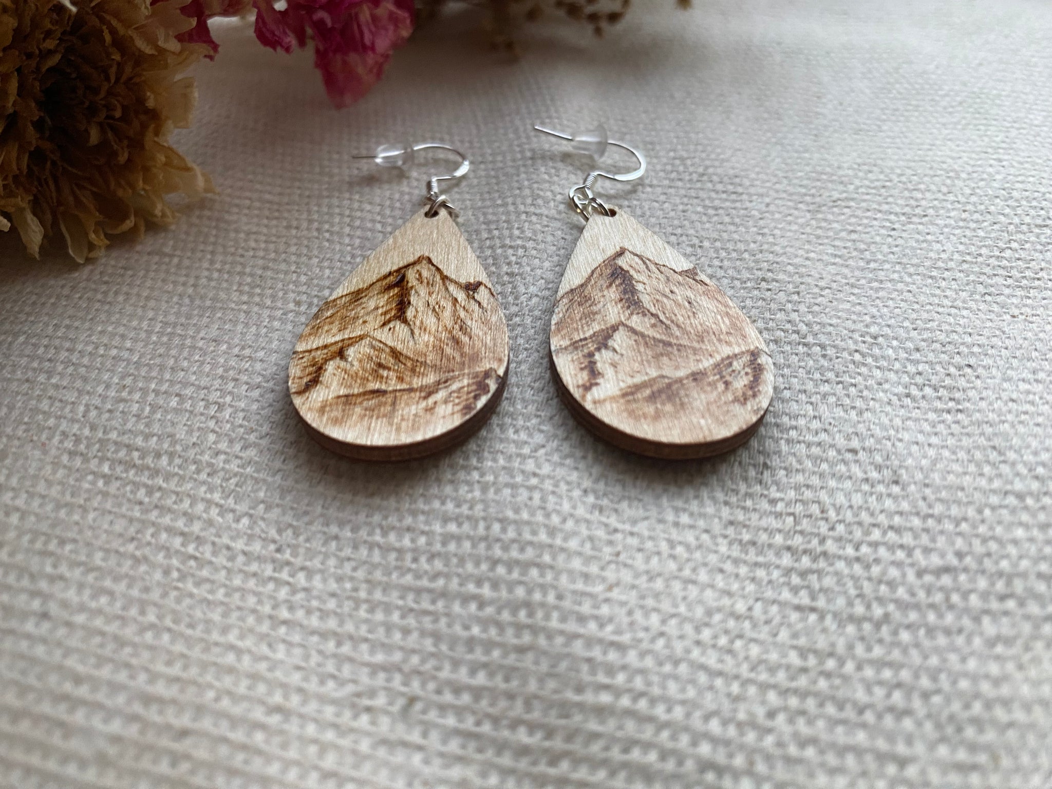 Handcrafted Woodburned Mountain Earrings – Small Teardrop Circle Design