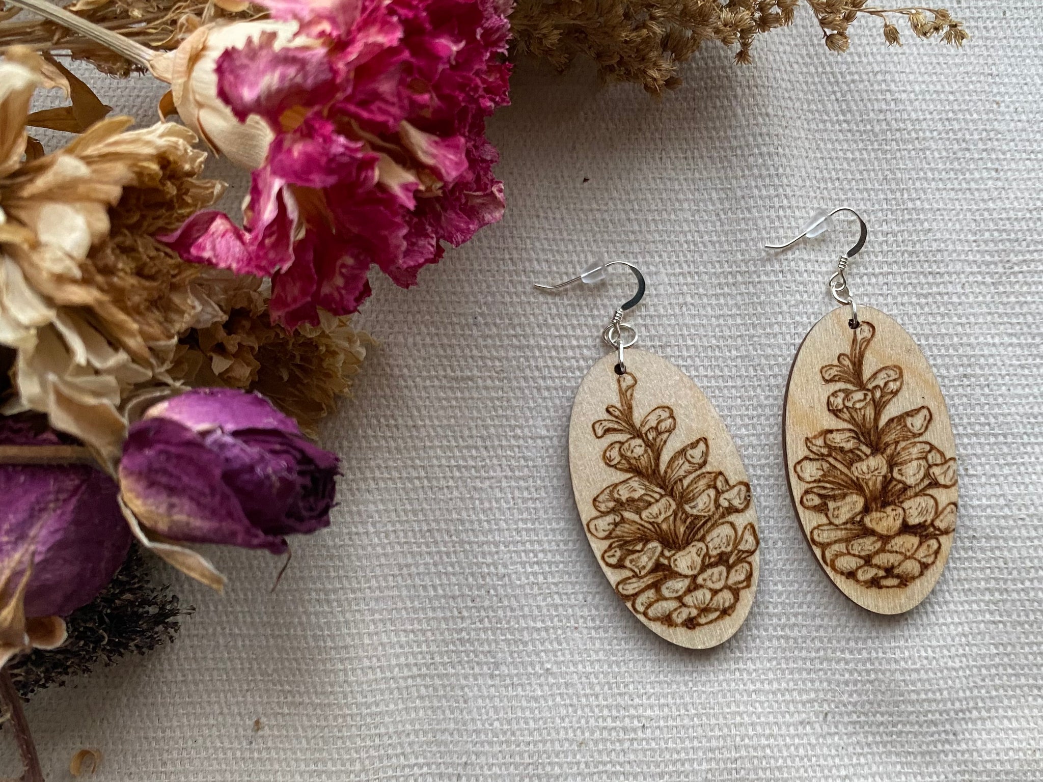 Handcrafted Woodburned Pinecone Earrings – Oval Nature Design