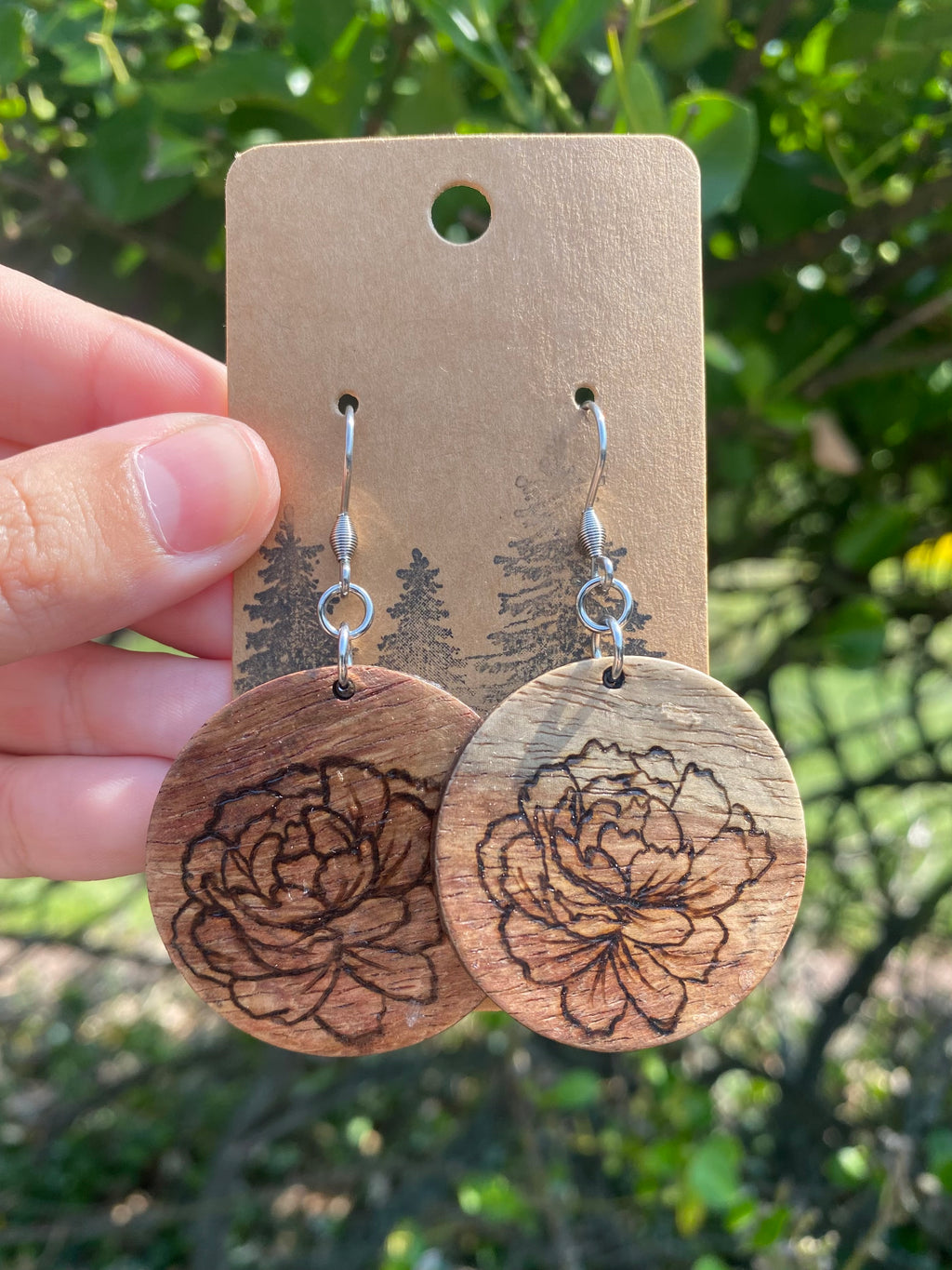 Handcrafted Woodburned Botanical Earrings – Large Round Floral Design