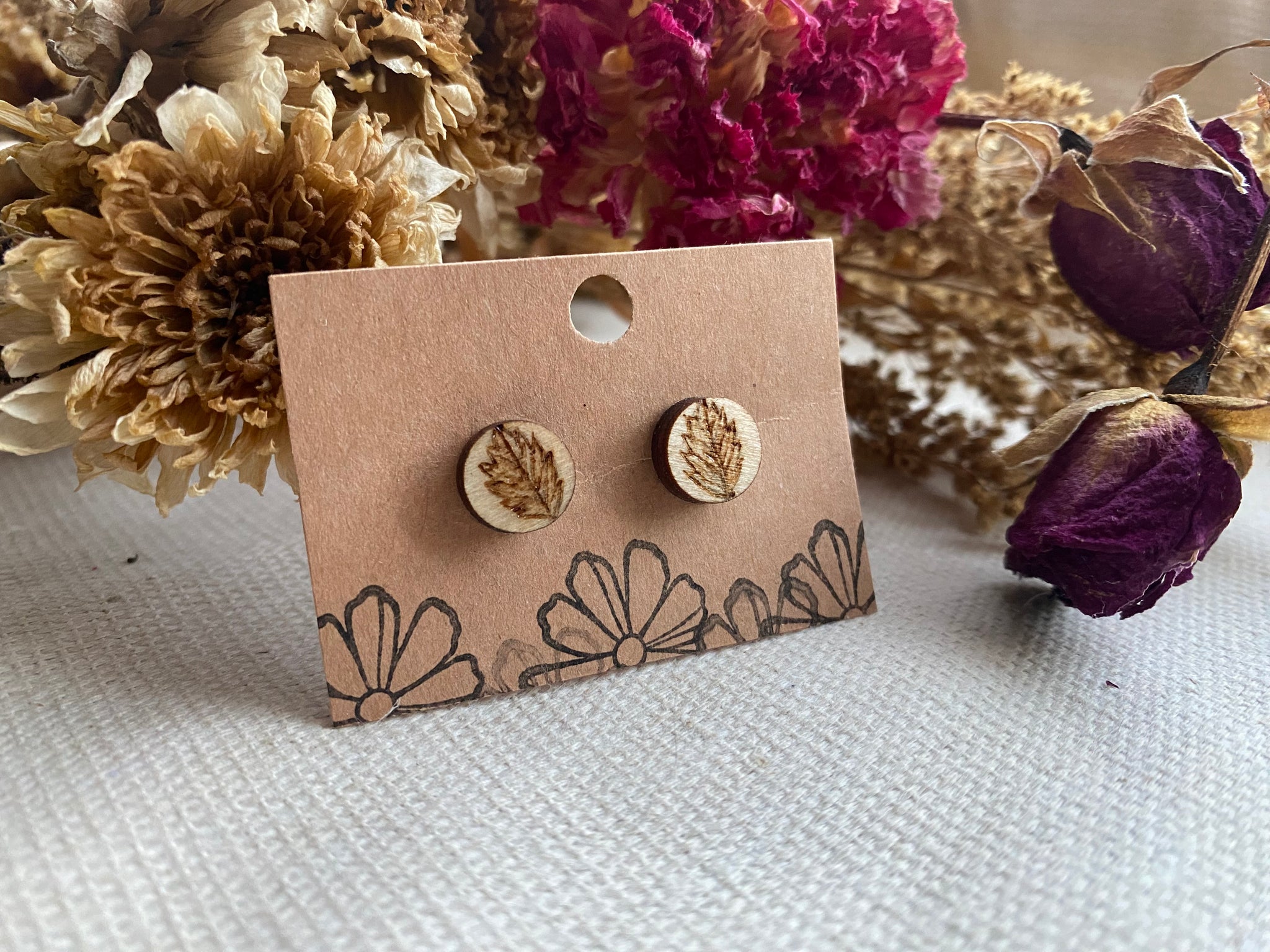 Handcrafted Woodburned Leaf Earrings – Stud Small Circle Nature Design