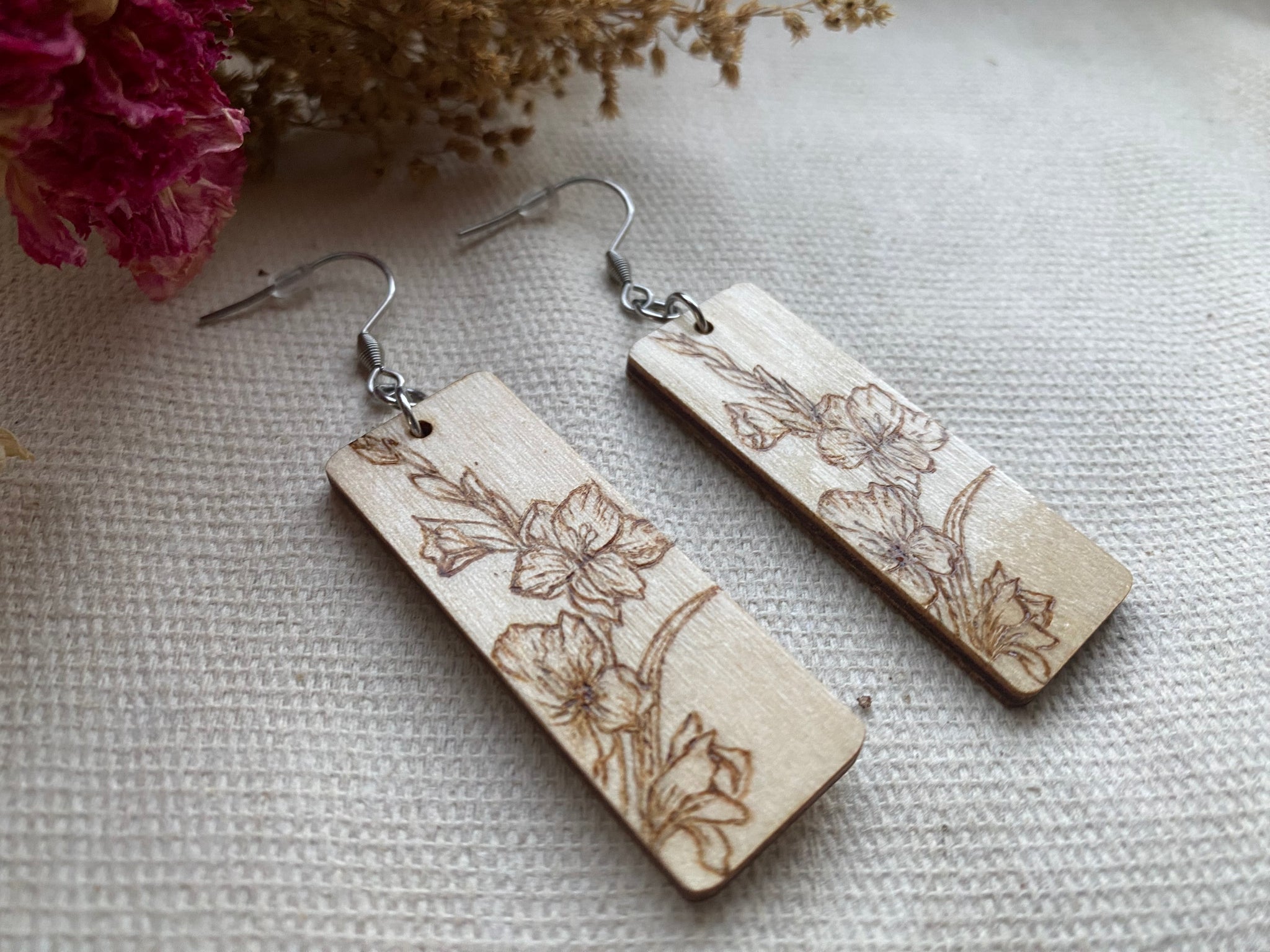 Handcrafted Woodburned Floral Bouquet Earrings – Rectangle Nature Design