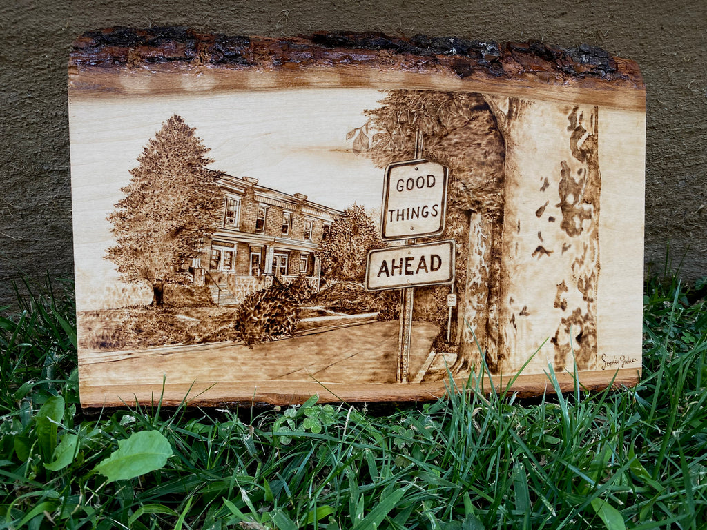 Good Things Ahead - Handmade Woodburned Wall Art - Rustic Live Edge Wood Slice with Baltimore Rowhome Scene