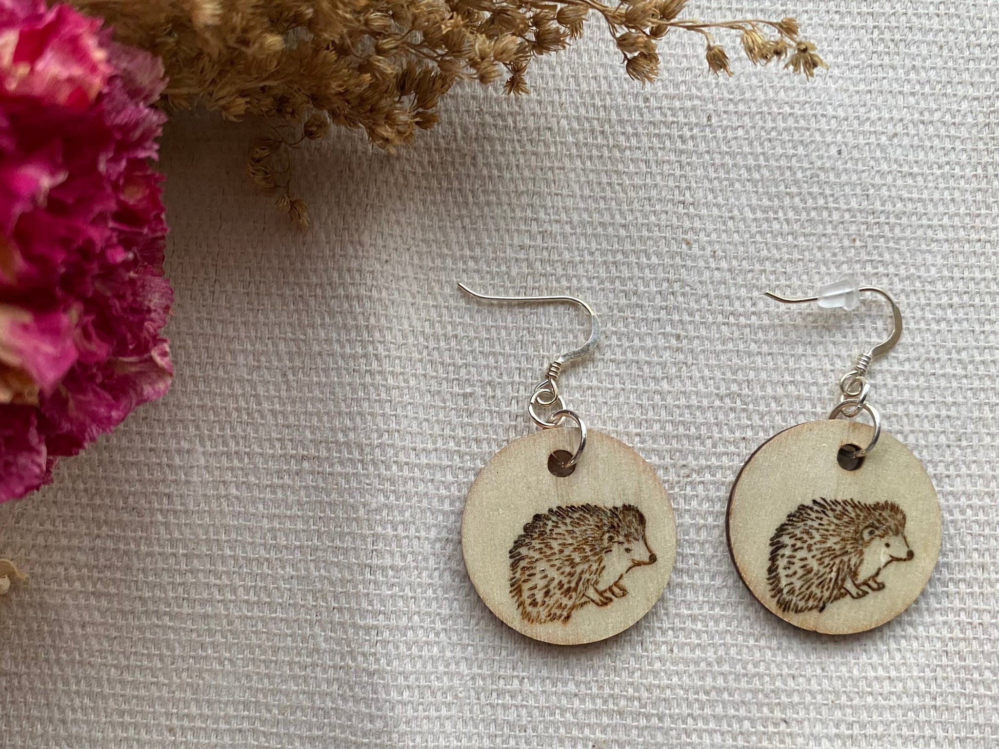 Handcrafted Woodburned Hedgehog Earrings – Small Circle Design