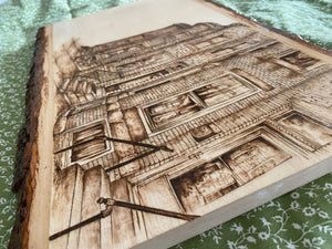 Rowhome Scene-Handmade Woodburned Wall Art - Rustic Live Edge Wood Slice with Baltimore Rowhome Scene