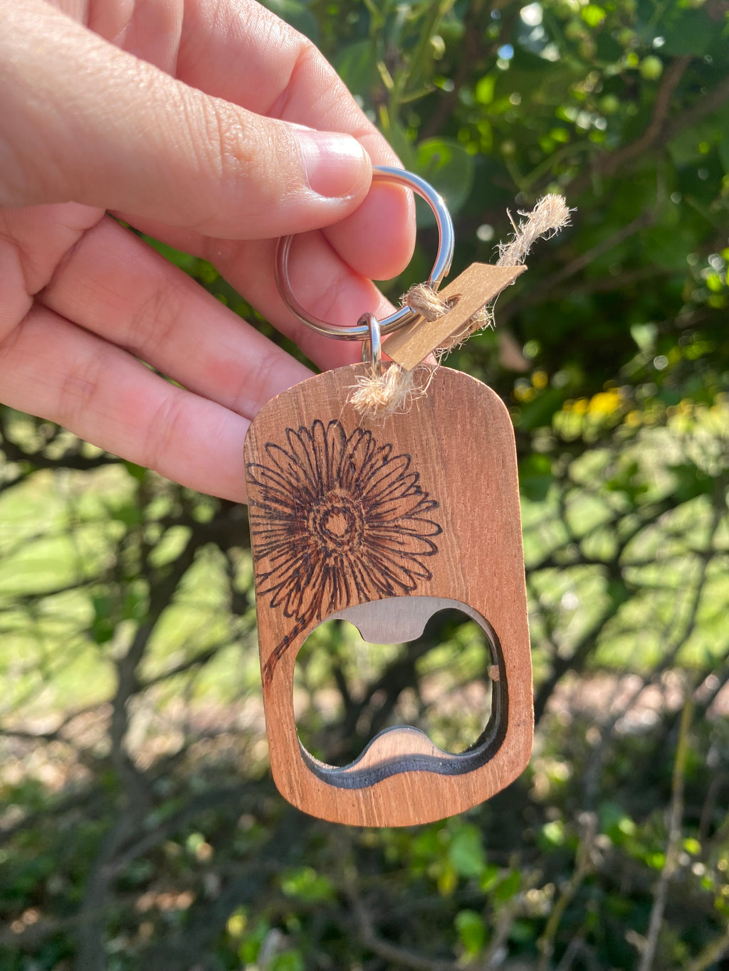 Handcrafted Woodburned Wooden Bottle Opener- Sunflower Design