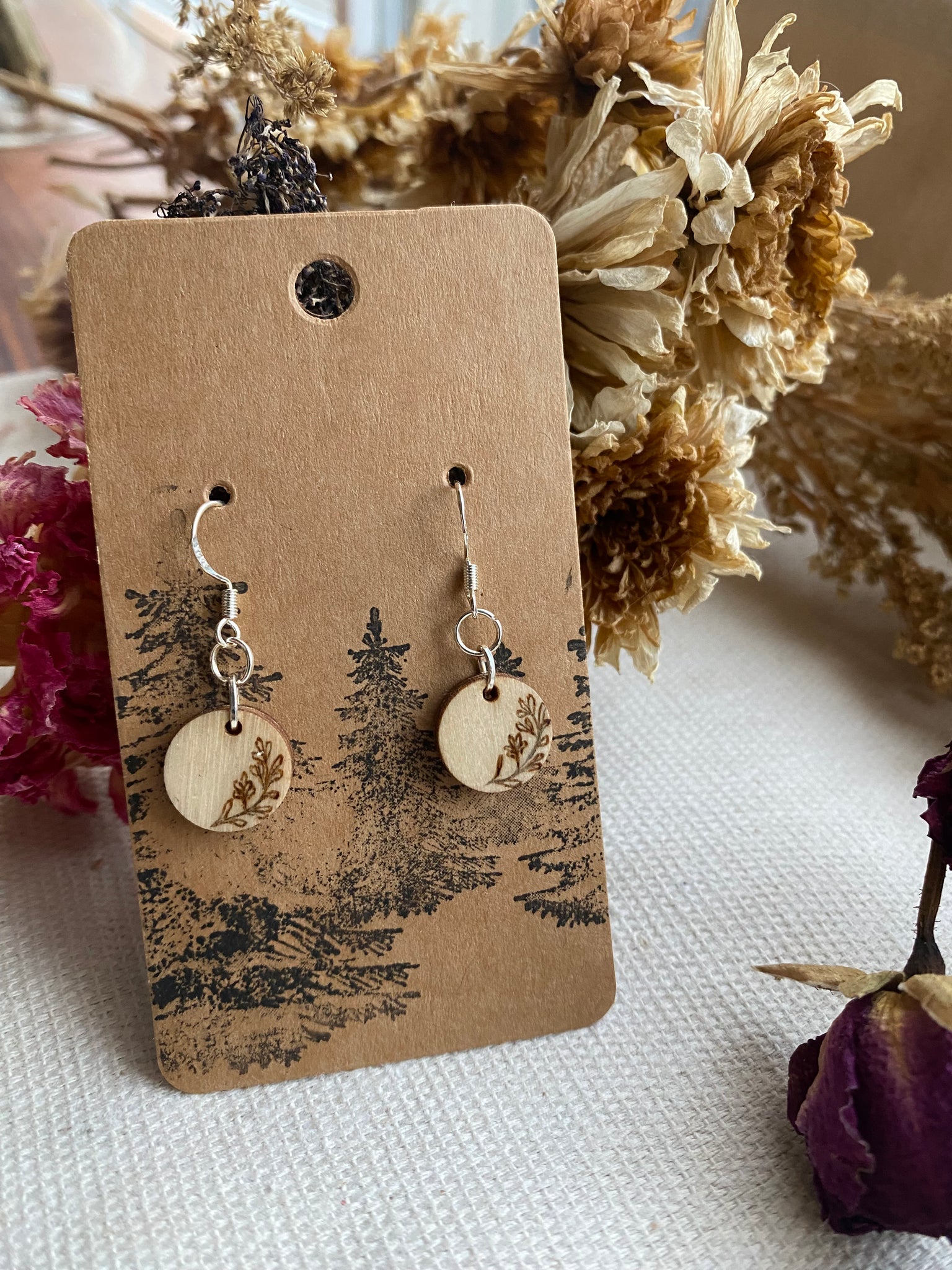 Handcrafted Woodburned Floral Earrings – Small Circle Nature Design
