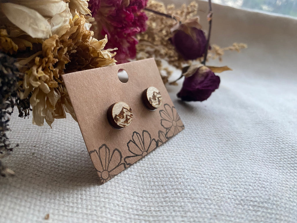Handcrafted Woodburned Mountain Earrings – Stud Small Circle Nature Design