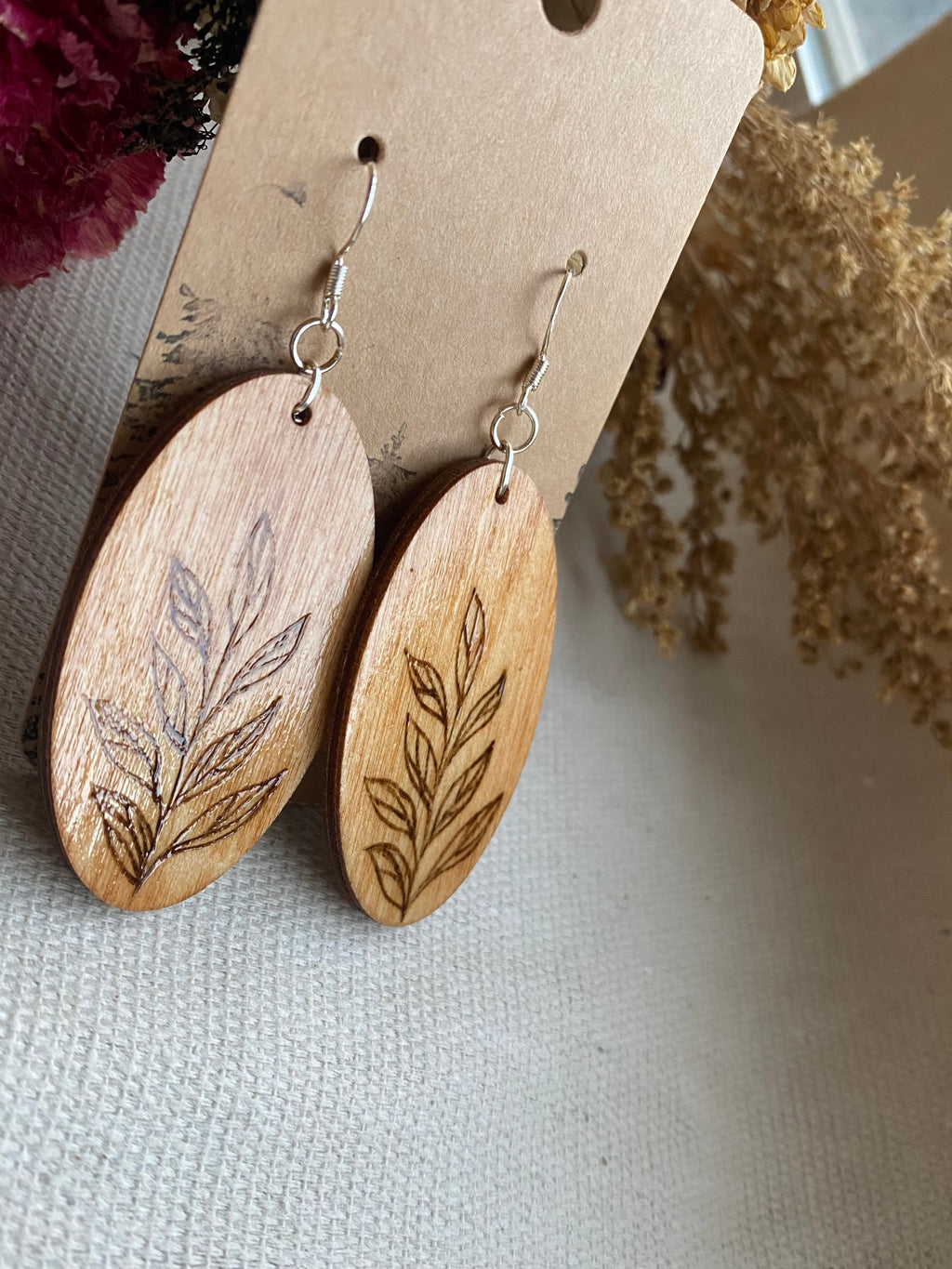 Handcrafted Woodburned Simple Vine Earrings – Oval Botanical Design