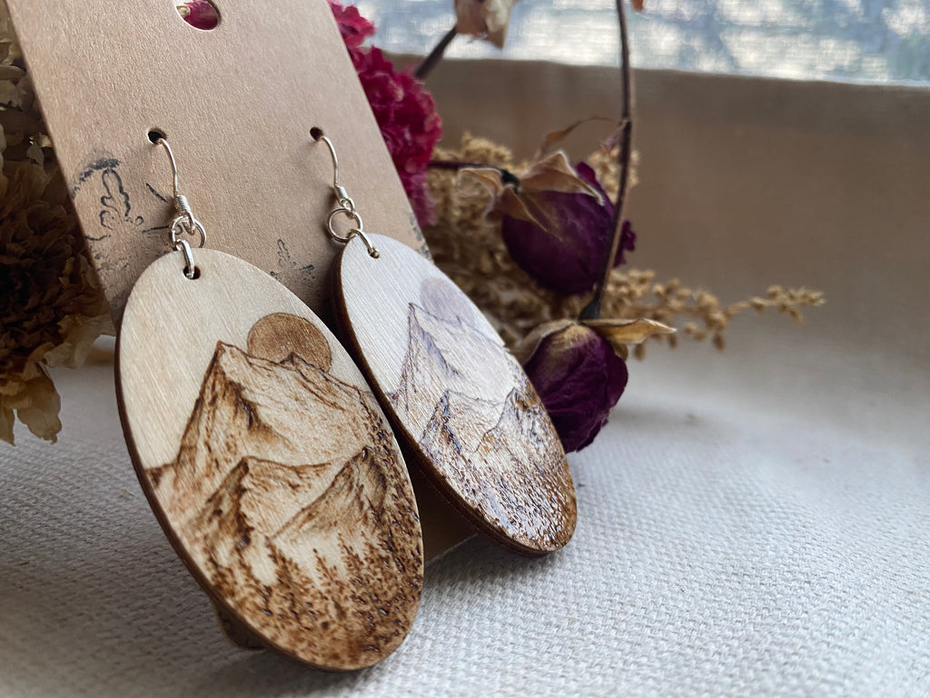 Handcrafted Woodburned Pine Tree Forrest Mountain Earrings – Oval Nature Design