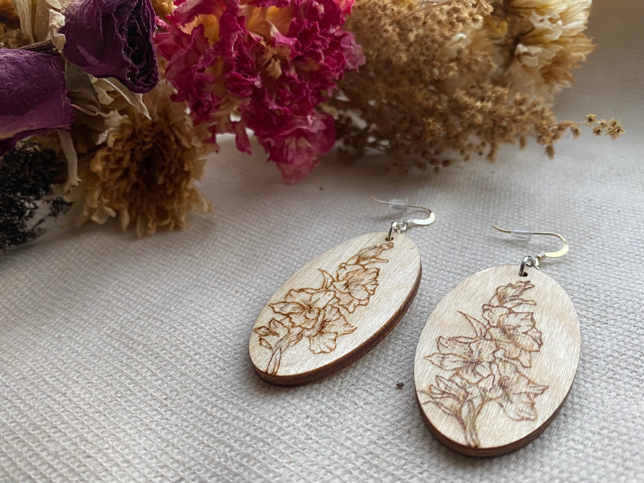 Handcrafted Woodburned Floral Earrings – Oval Circle Design
