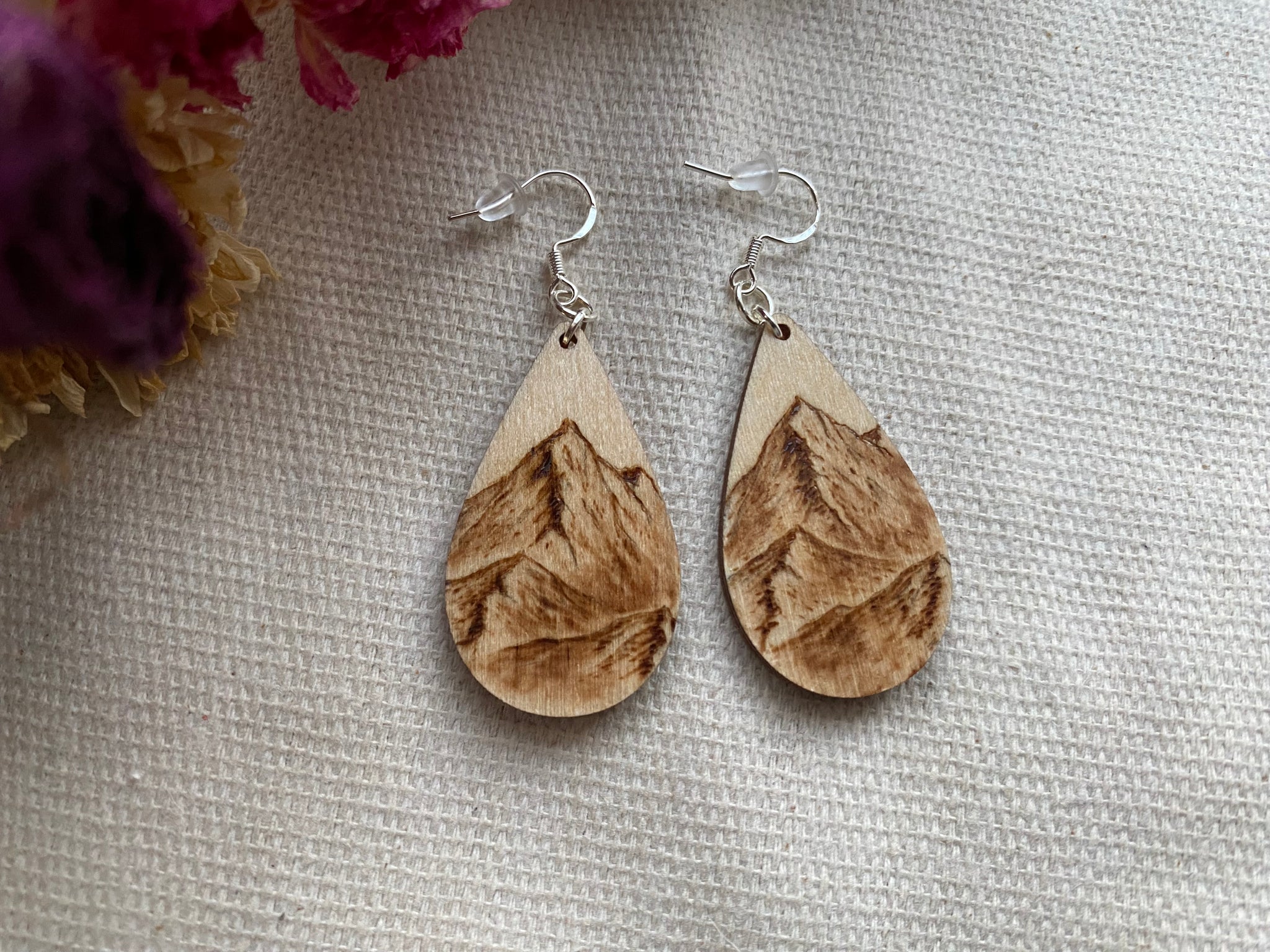 Handcrafted Woodburned Mountain Earrings – Small Teardrop Circle Design