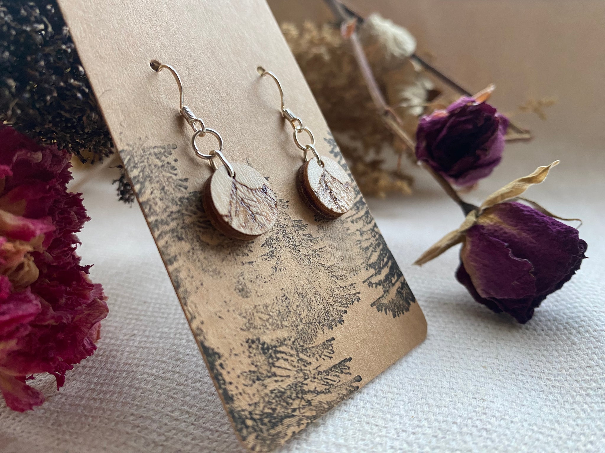 Handcrafted Woodburned Mountain Earrings – Small Circle Nature Design