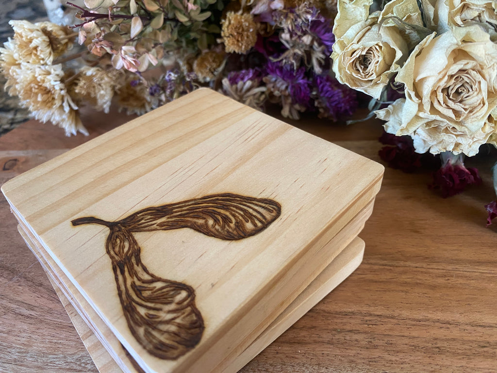 Handcrafted Woodburned Maple Seed Coasters – Nature Design