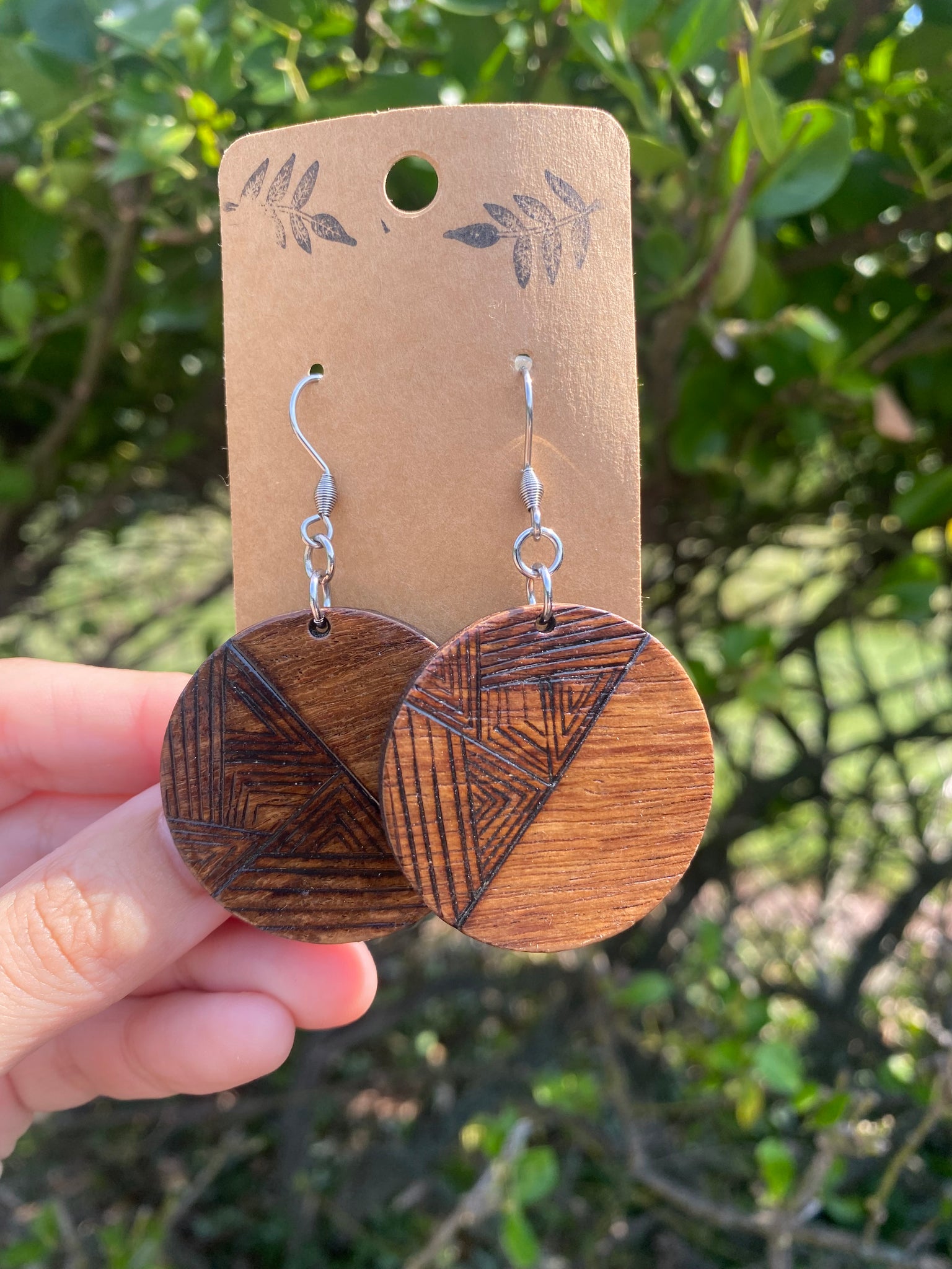 Large Wood Circular Patterned Woodburned Dangle Earrings