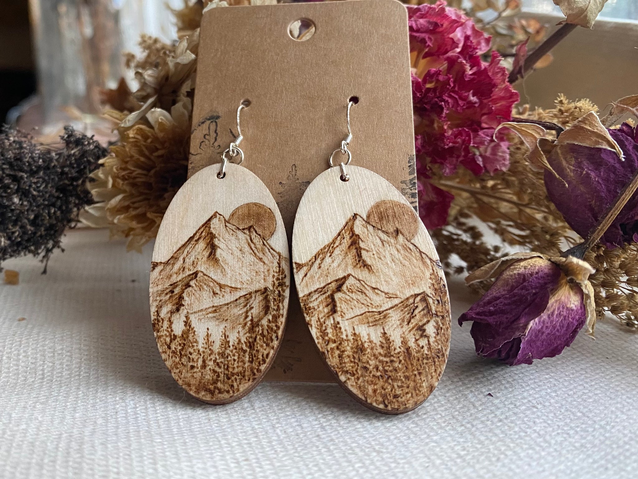 Handcrafted Woodburned Pine Tree Forrest Mountain Earrings – Oval Nature Design