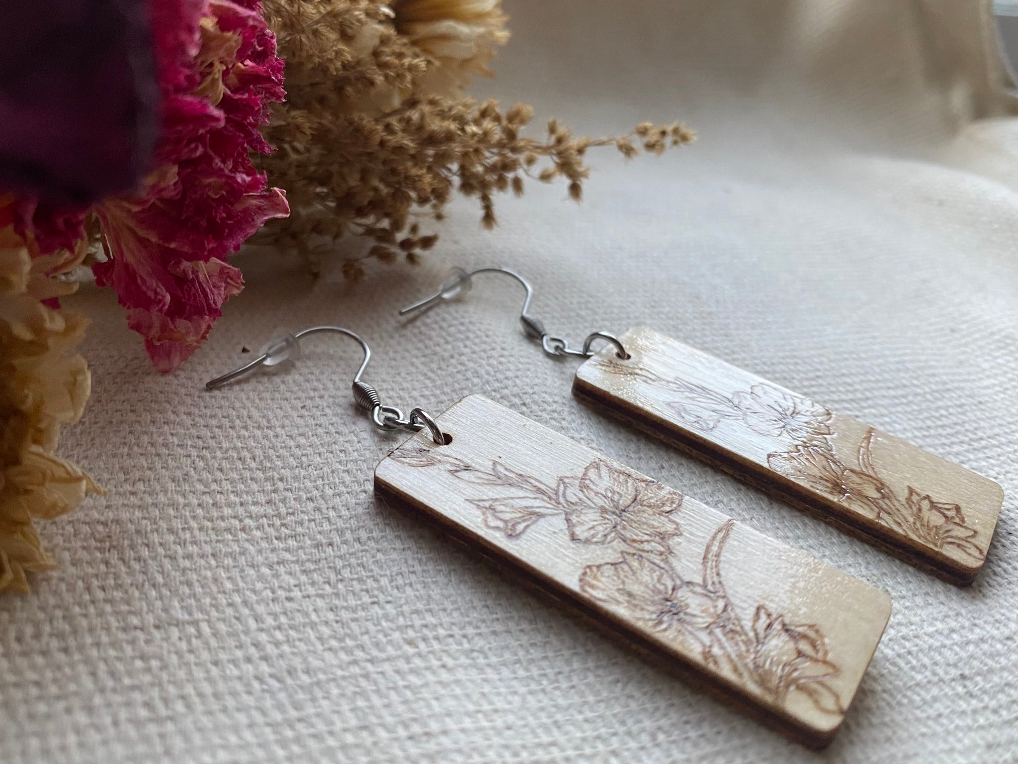 Handcrafted Woodburned Floral Bouquet Earrings – Rectangle Nature Design